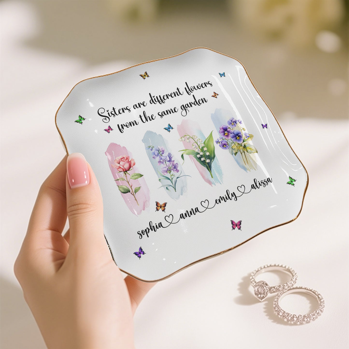 Sisters Are Flowers From The Same Garden - New Version Custom Birth Flower - Personalized Jewelry Dish