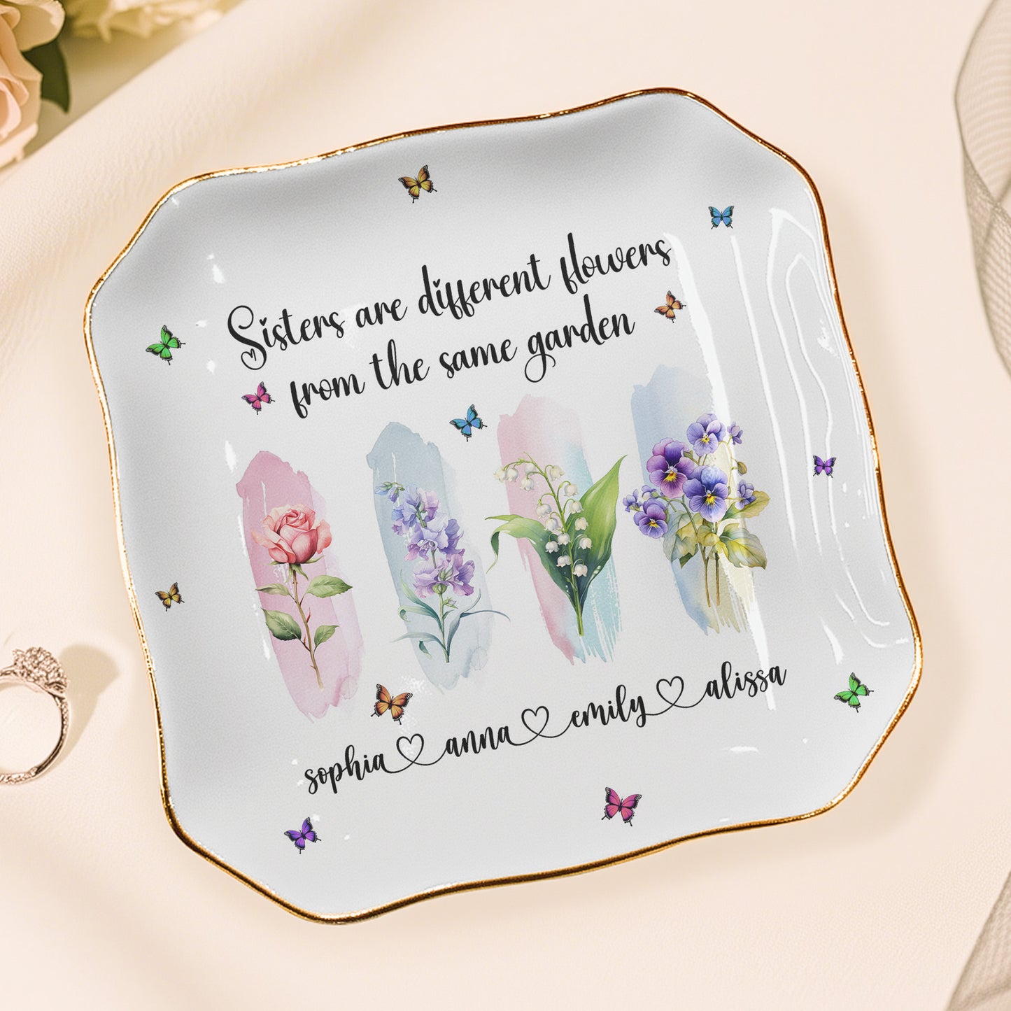Sisters Are Flowers From The Same Garden - New Version Custom Birth Flower - Personalized Jewelry Dish