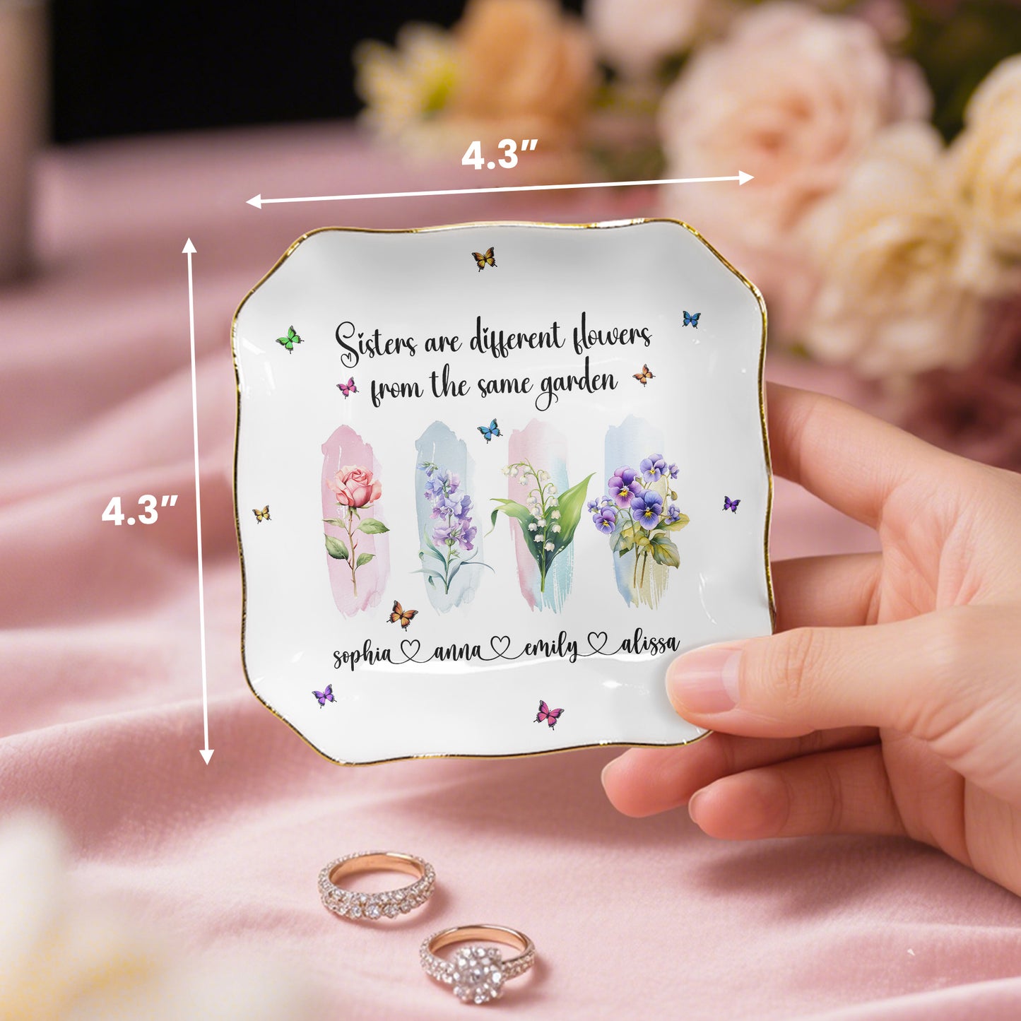 Sisters Are Flowers From The Same Garden - New Version Custom Birth Flower - Personalized Jewelry Dish