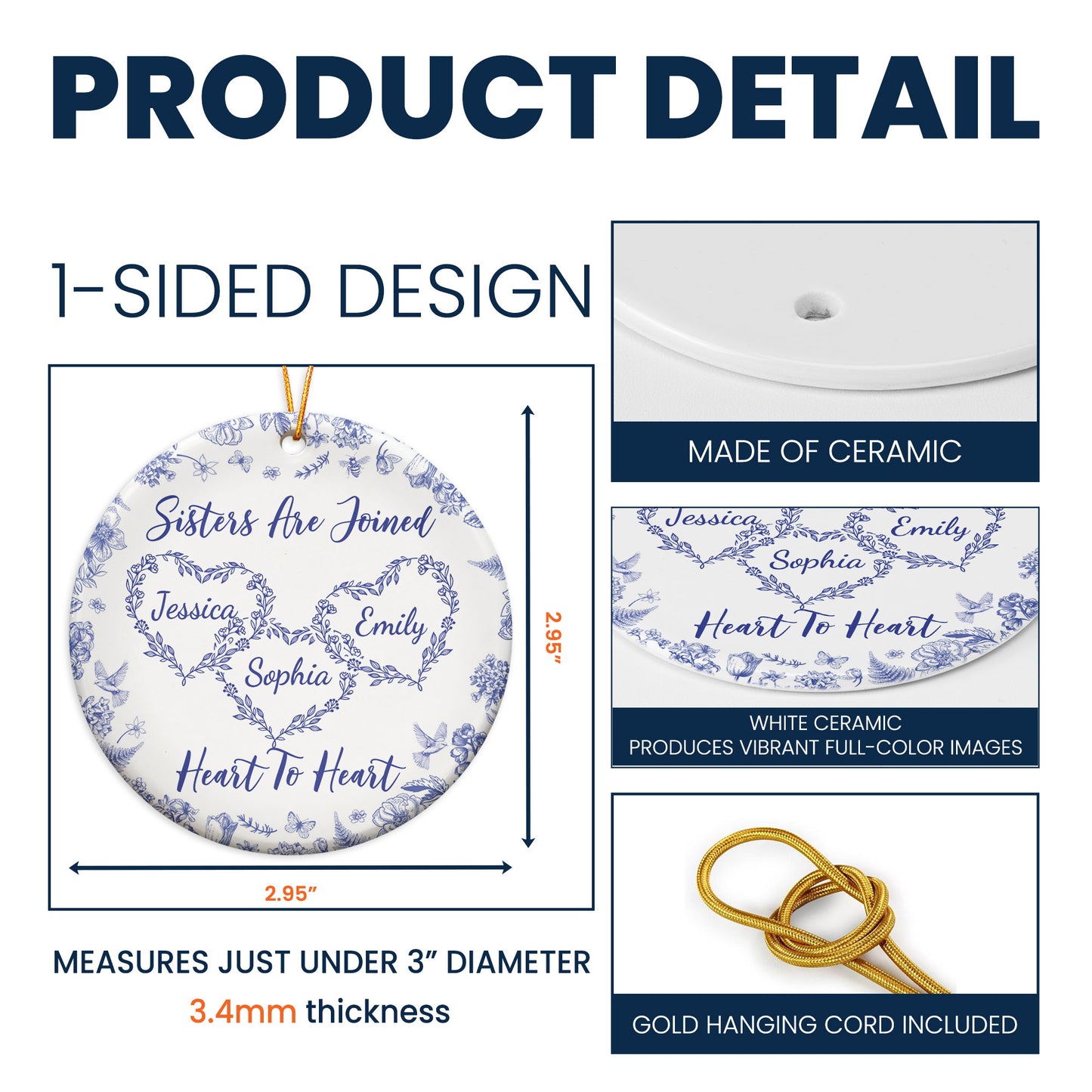 Sisters Are Joined Heart To Heart - Personalized Ceramic Ornament