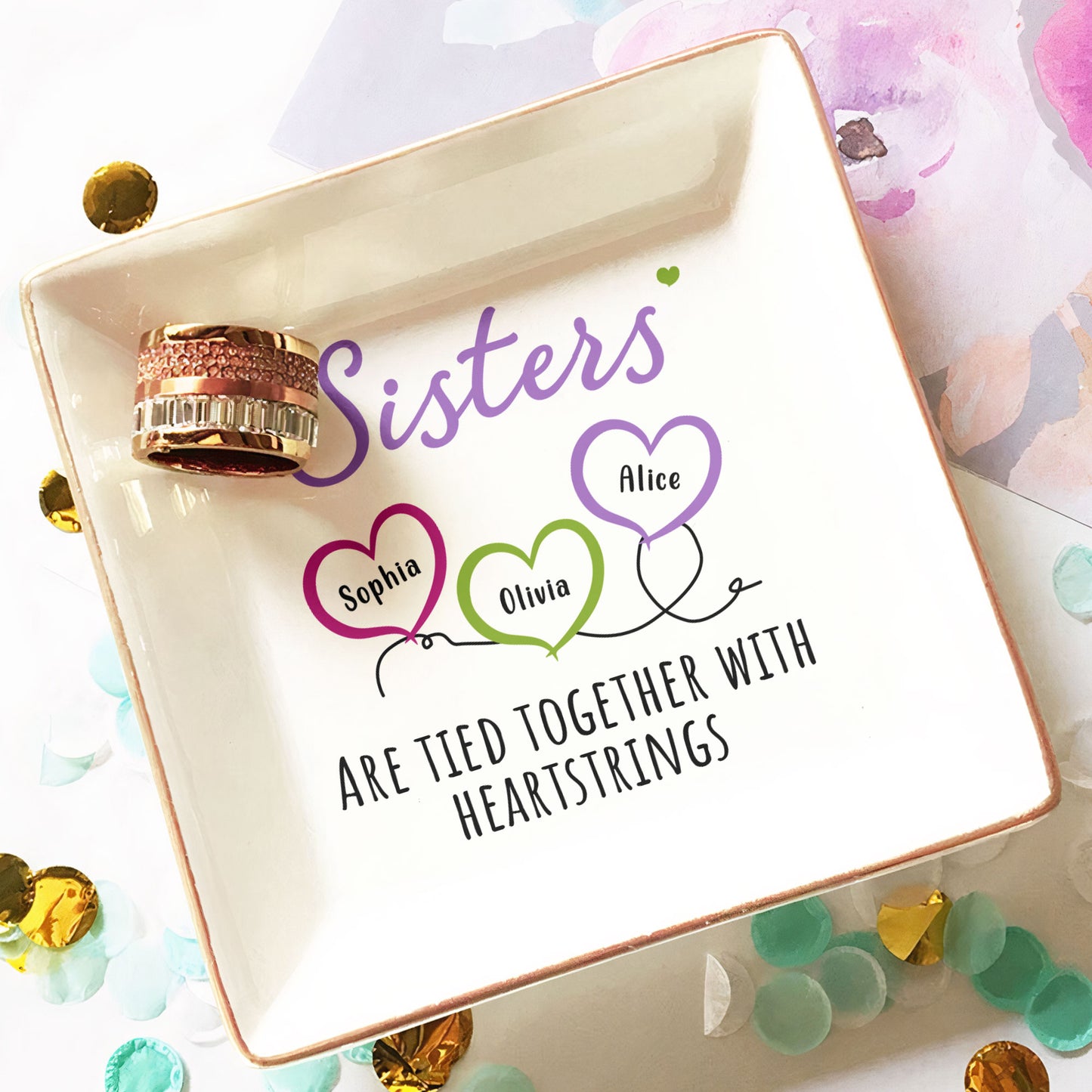 Sisters Are Tied Together With Heartstrings - Personalized Jewelry Dish