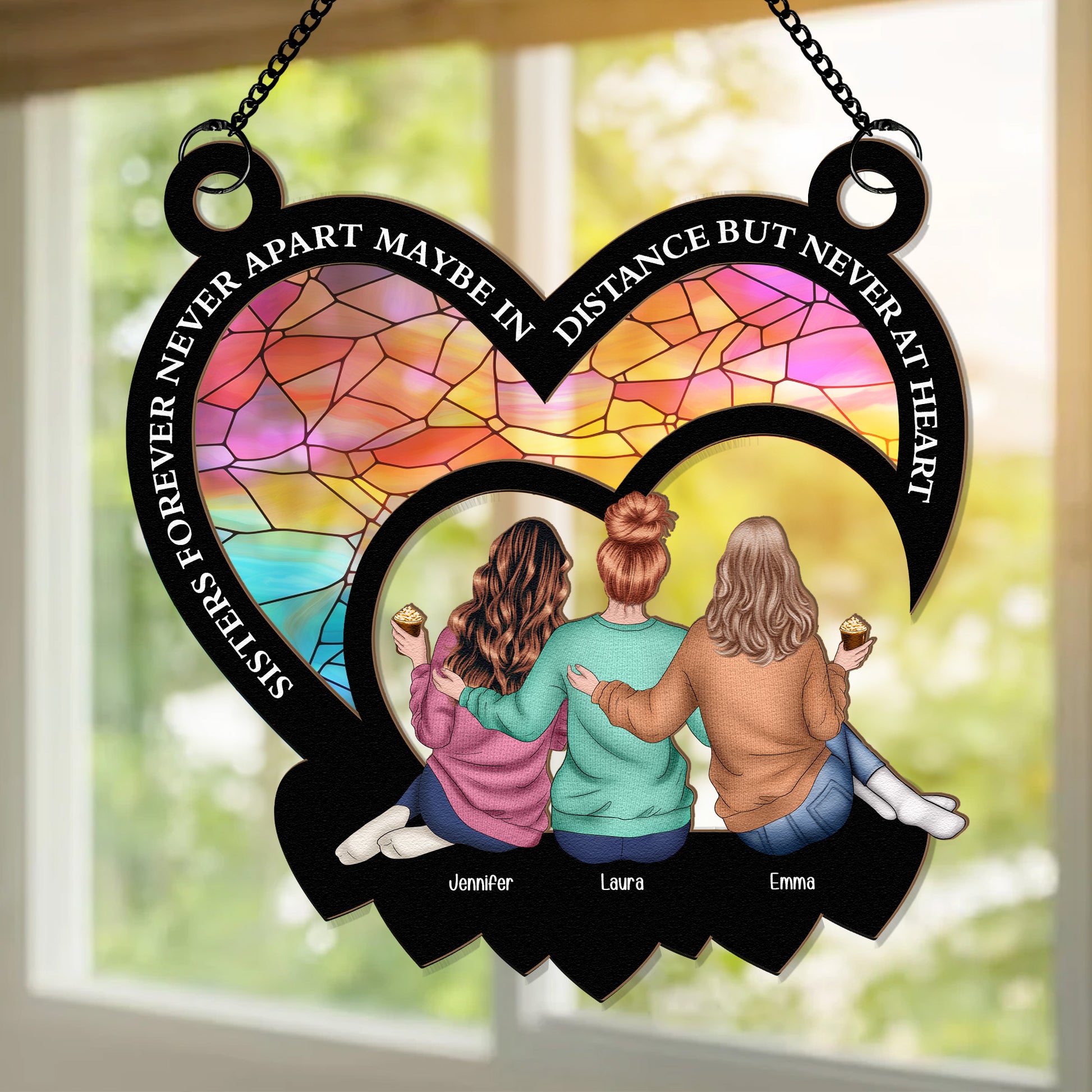 Maybe In Distance But Never At Heart - Personalized Window Hanging Suncatcher Ornament