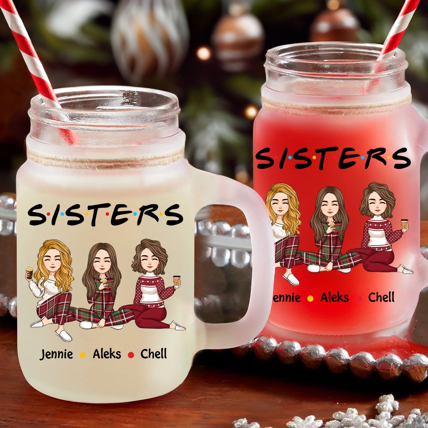 Sisters Forever - Personalized Mason Jar Cup With Straw