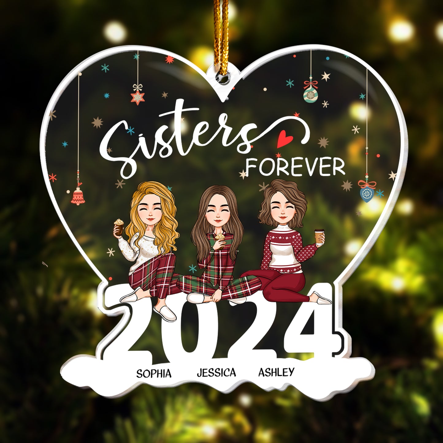 Sisters Forever - Version 2 - Personalized 2024 Heart Shaped Acrylic Ornament