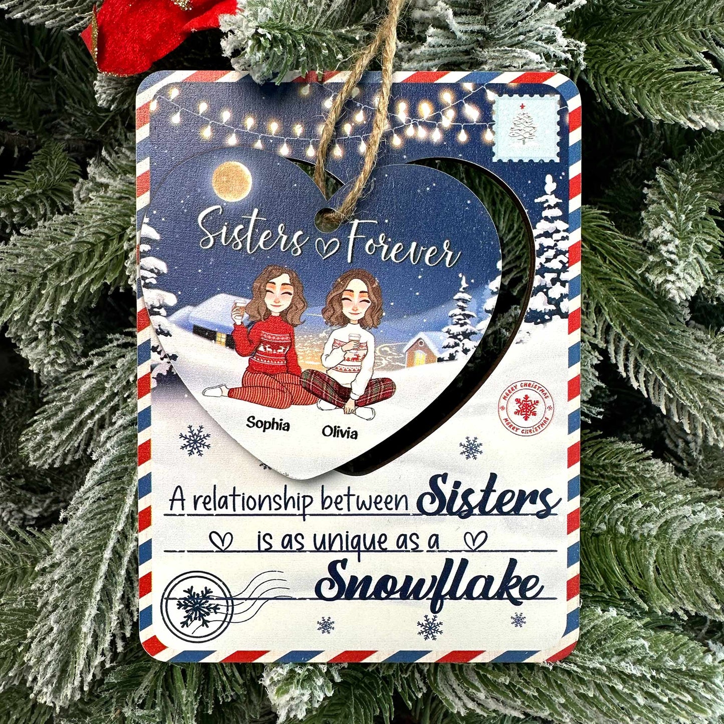 Sisters Is As Unique As A Snowflake - Personalized Wooden Card With Pop Out Ornament