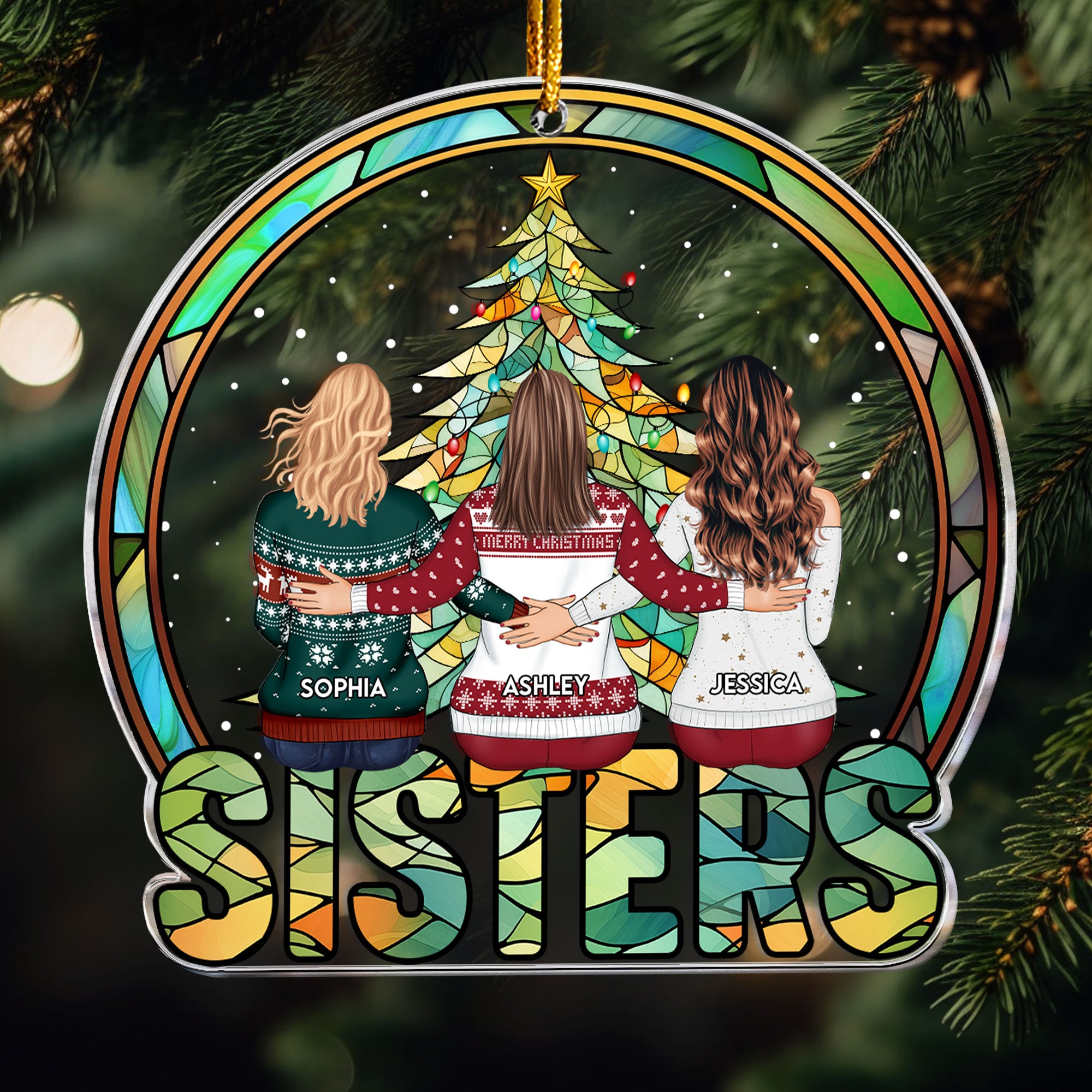 Sisters Under Christmas Tree Stained Glass Style - Personalized Acrylic Ornament