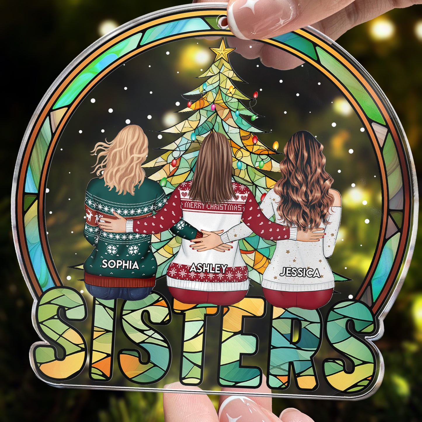 Sisters Under Christmas Tree Stained Glass Style - Personalized Acrylic Ornament