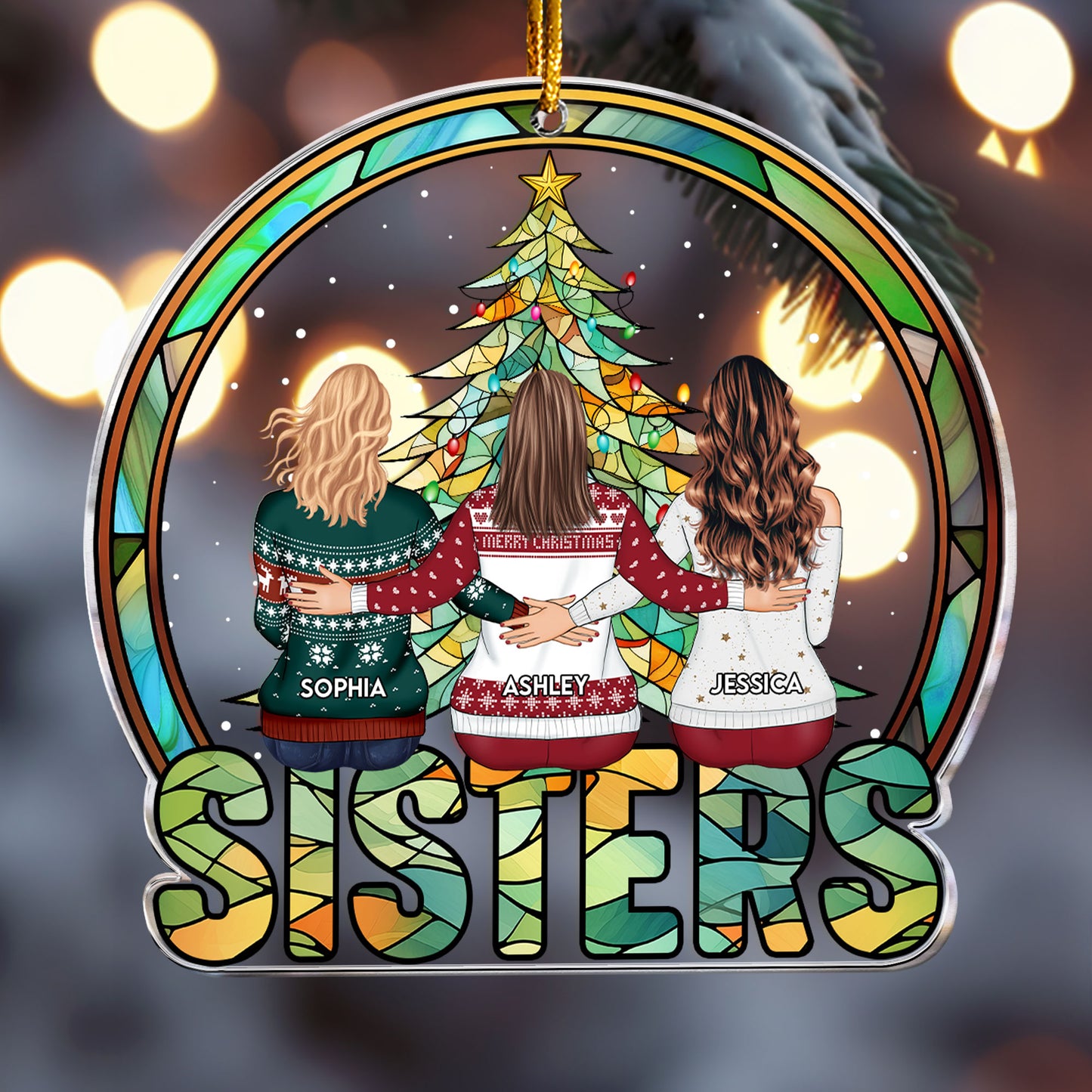 Sisters Under Christmas Tree Stained Glass Style - Personalized Acrylic Ornament