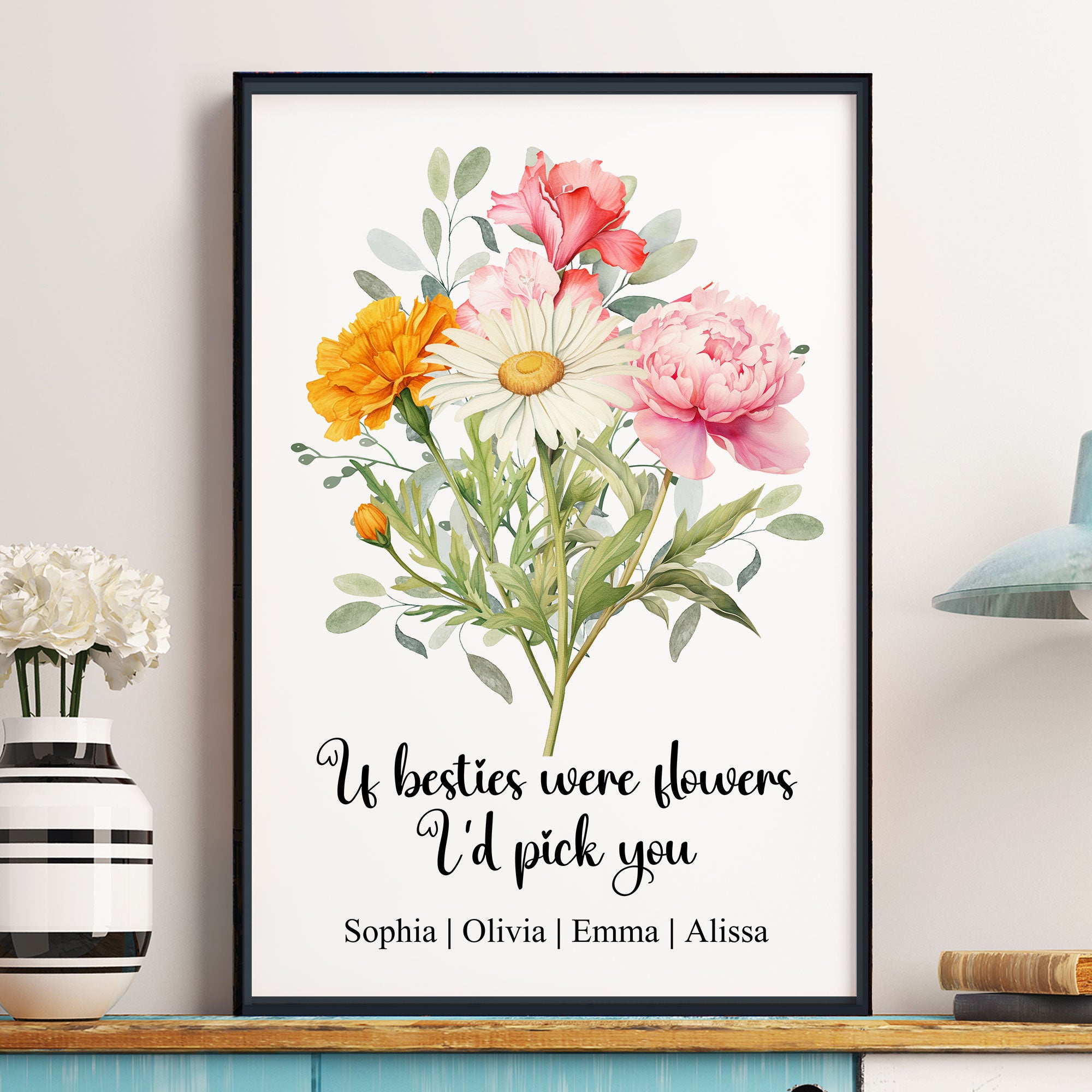 Sisters, Friends Friendship Sisterhood Birth Flower Bouquet, Gifts For Her - Personalized Poster