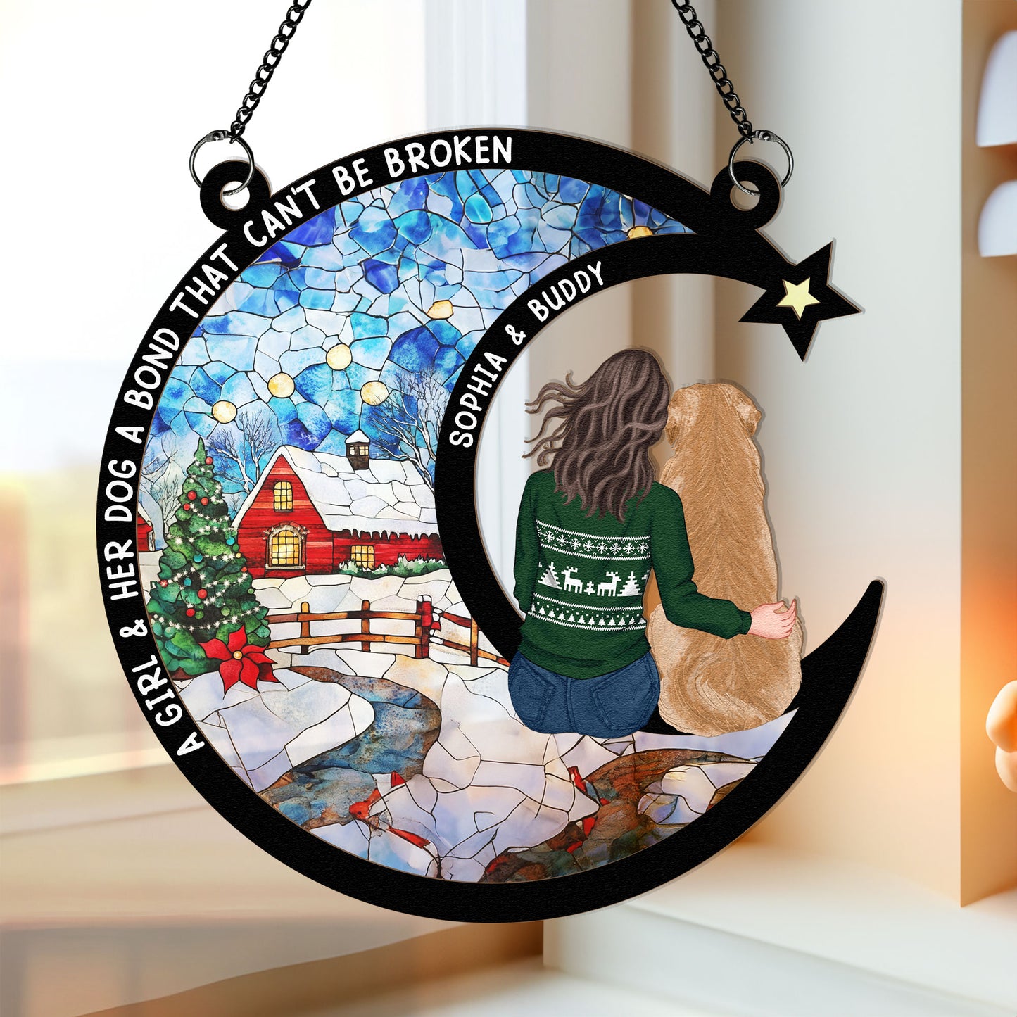 Sitting On The Moon With Dog - Personalized Window Hanging Suncatcher Ornament