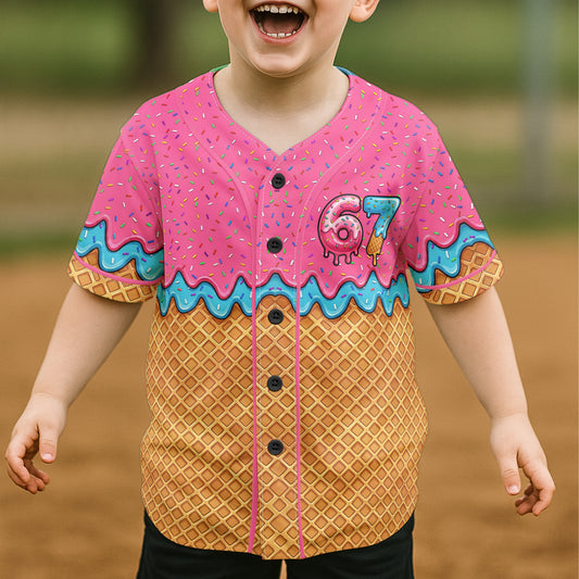 Six Seven 67 Meme Ice Cream - Personalized Kids Baseball Jersey
