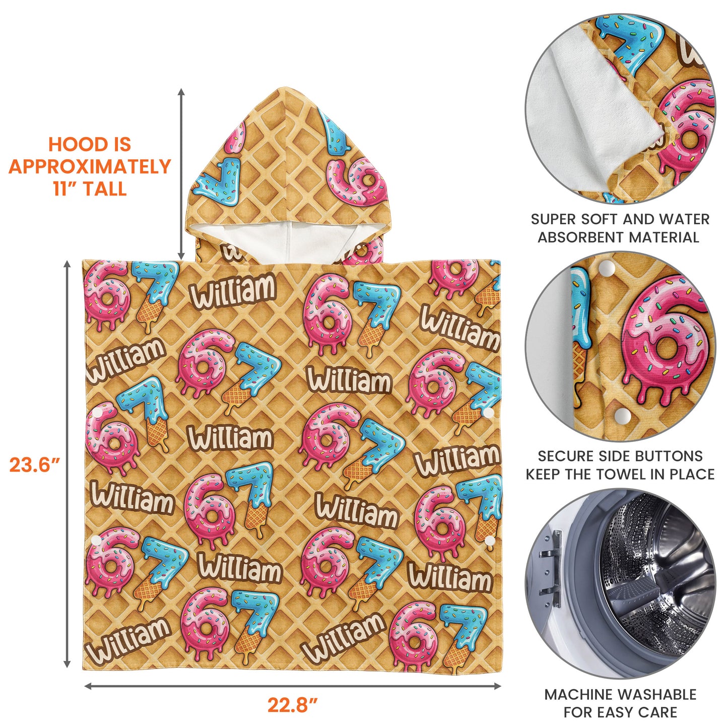 Six Seven 67 Meme Ice Cream - Personalized Kids Hooded Towel