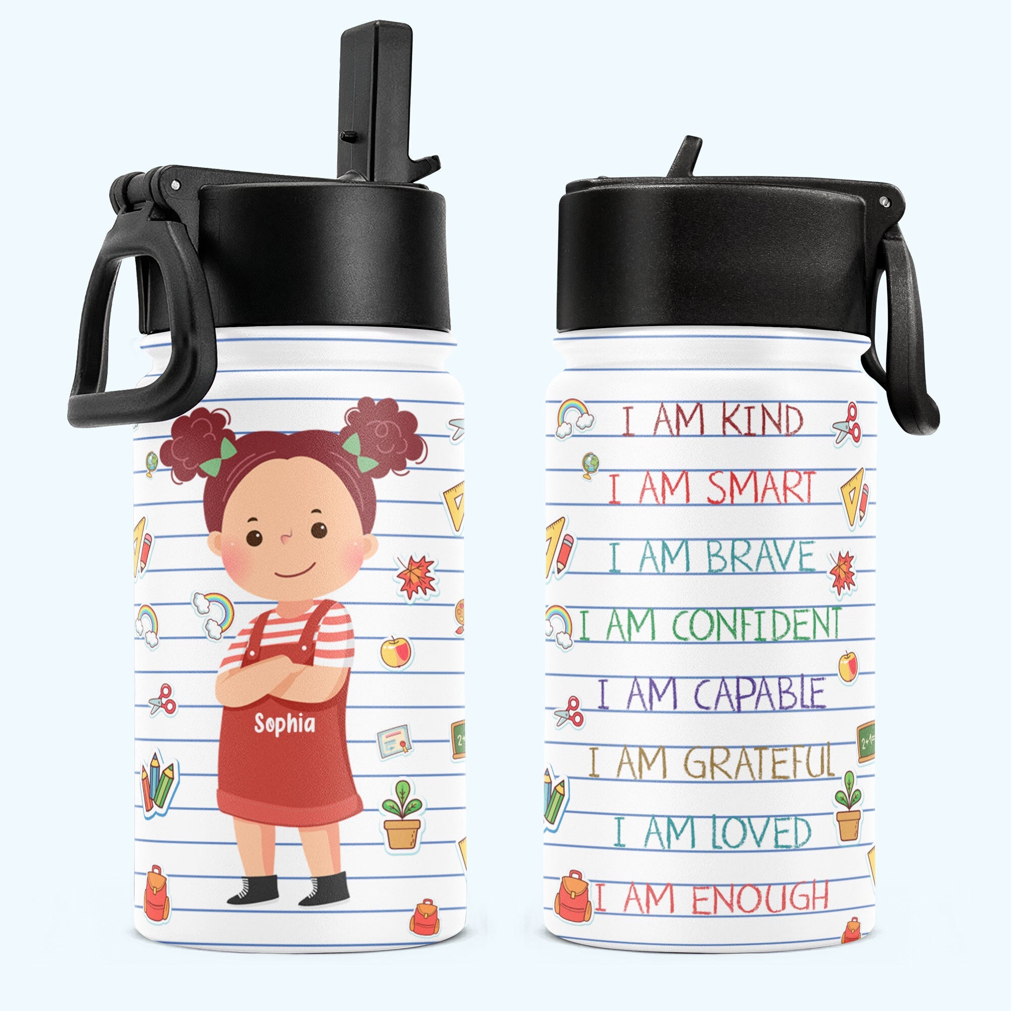 Smart Loved Brave Confident - Personalized Kids Water Bottle With Straw Lid