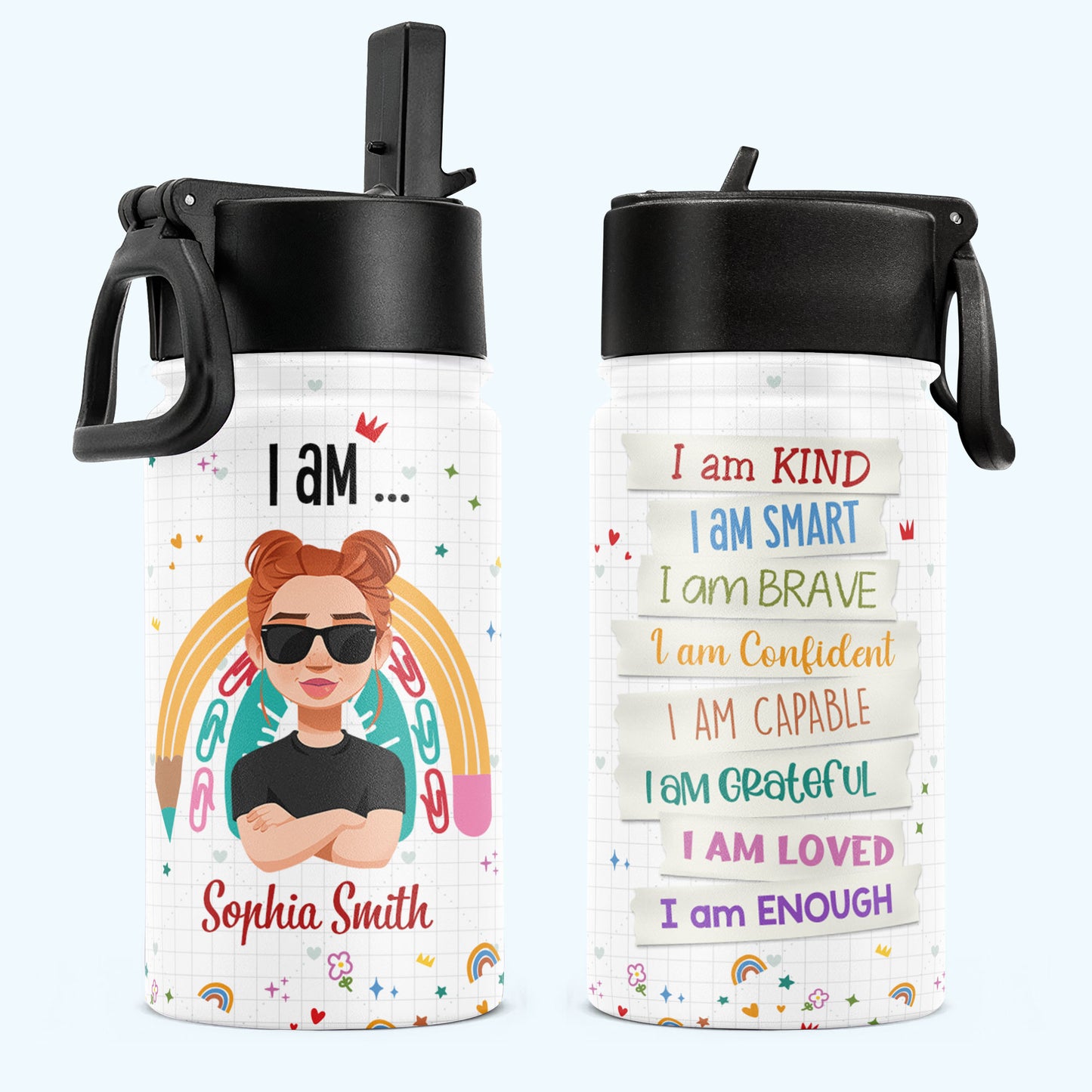 Smart Loved Brave Confident - Personalized Kids Water Bottle With Straw Lid
