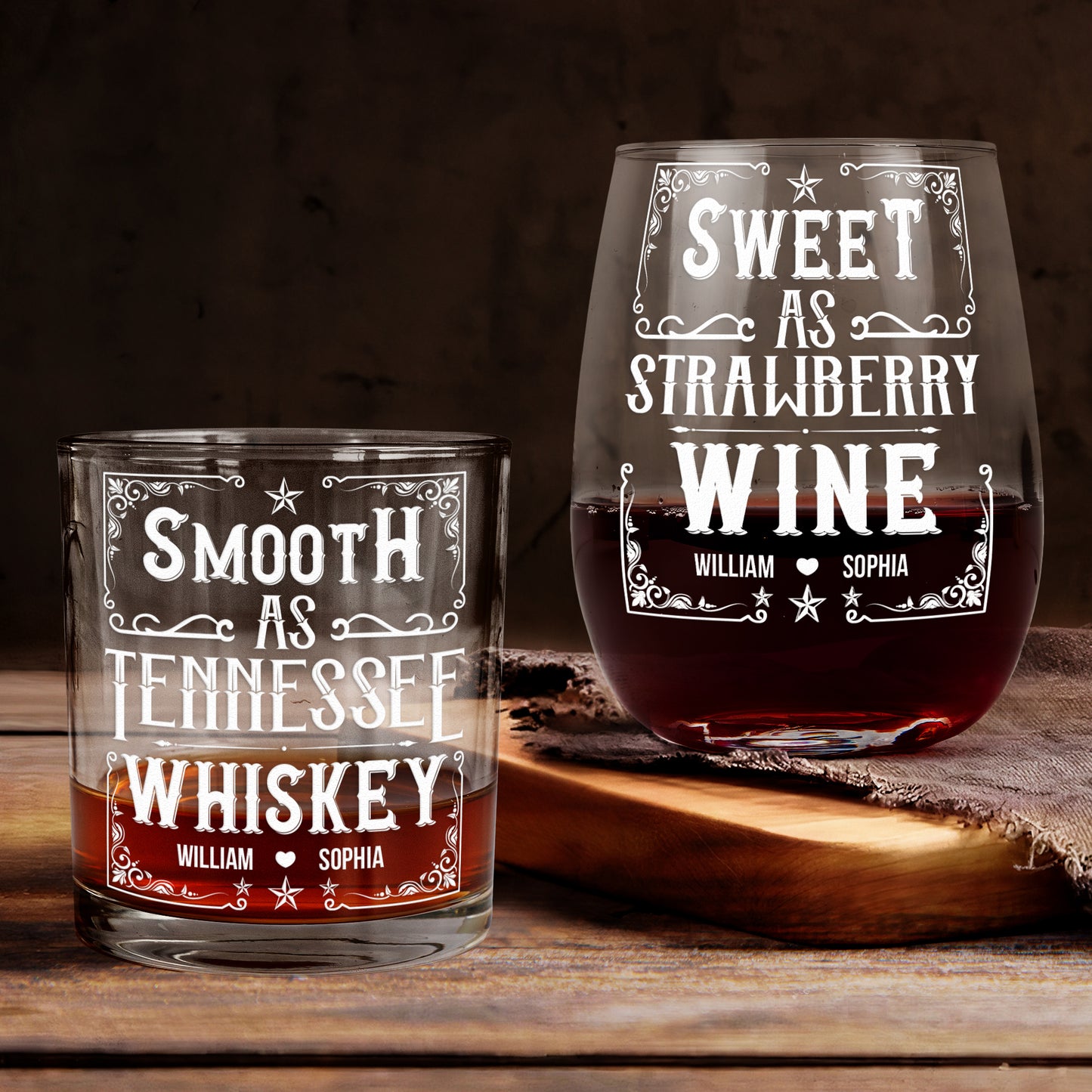 Smooth As Tennessee Whiskey Sweet As Strawberry Wine - Personalized Whiskey Glass And Wine Glass Set