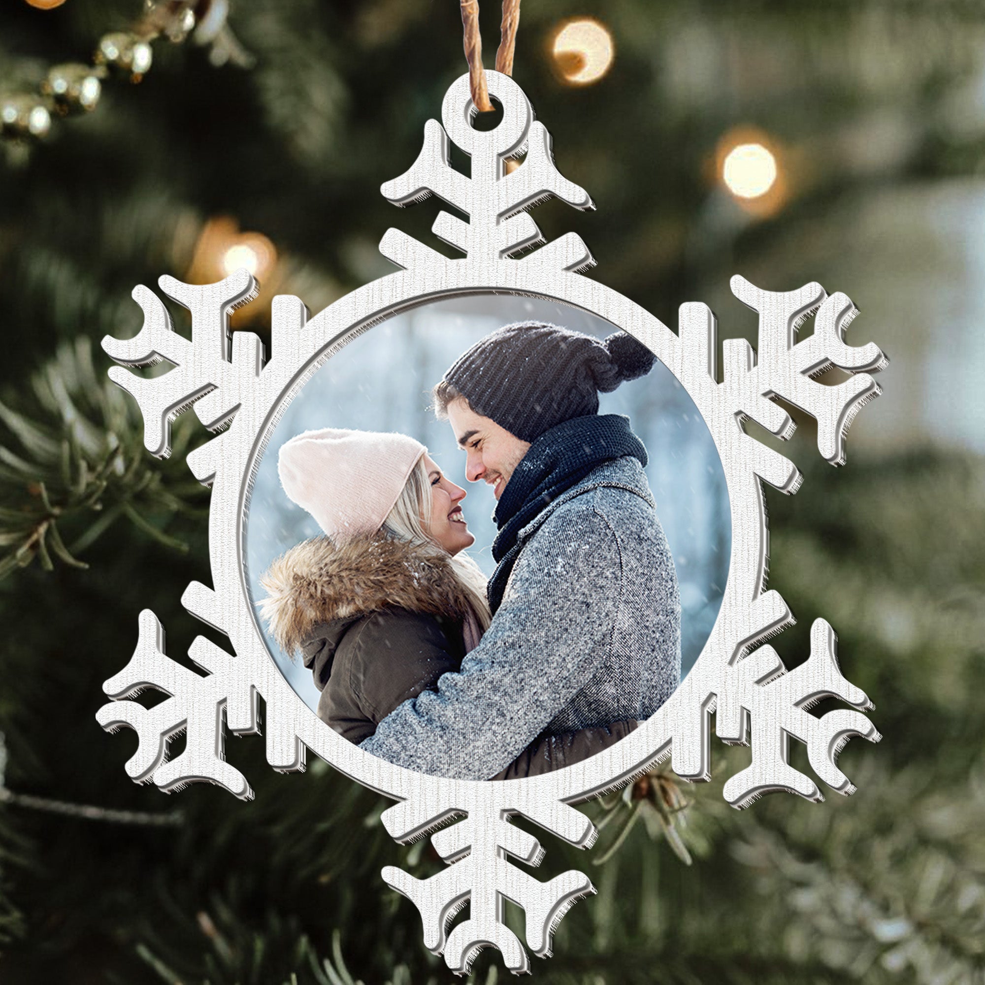 Snowflakes Ornament For Couple, Family - Personalized Wood And Acrylic Photo Ornament