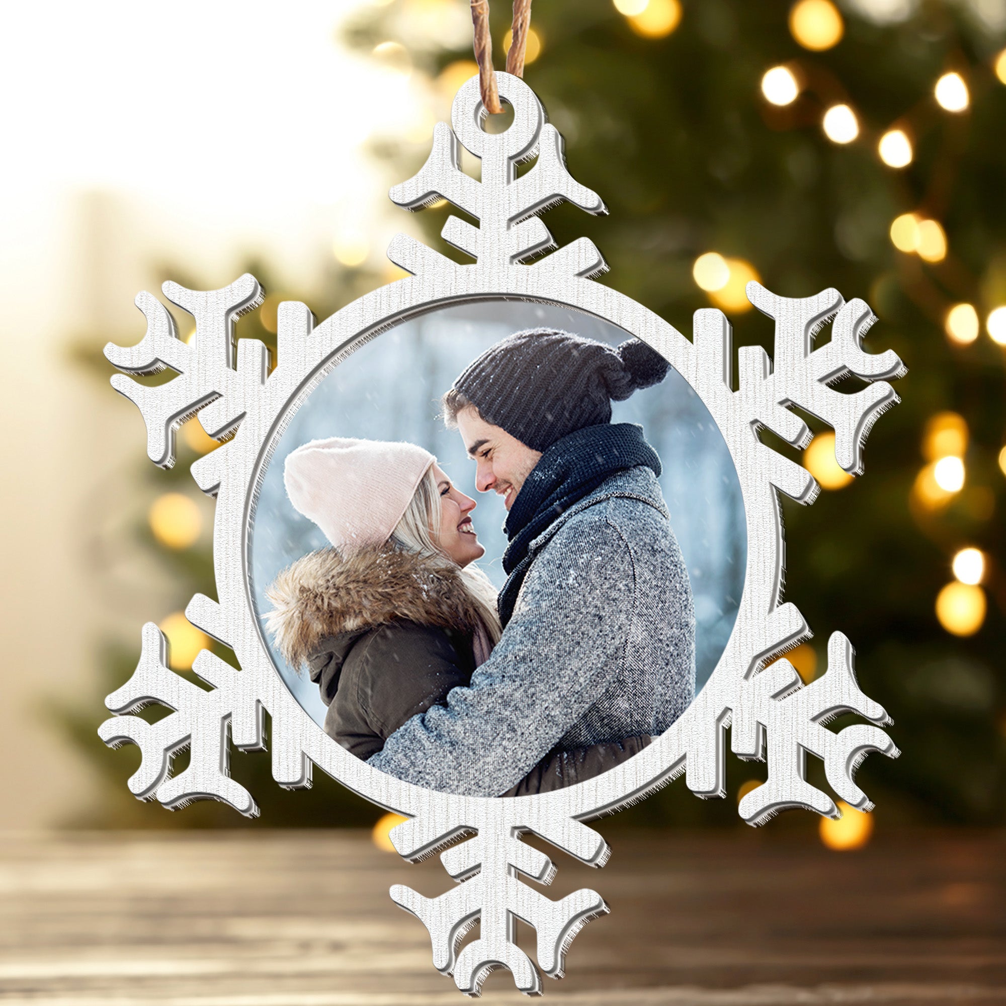 Snowflakes Ornament For Couple, Family - Personalized Wood And Acrylic Photo Ornament