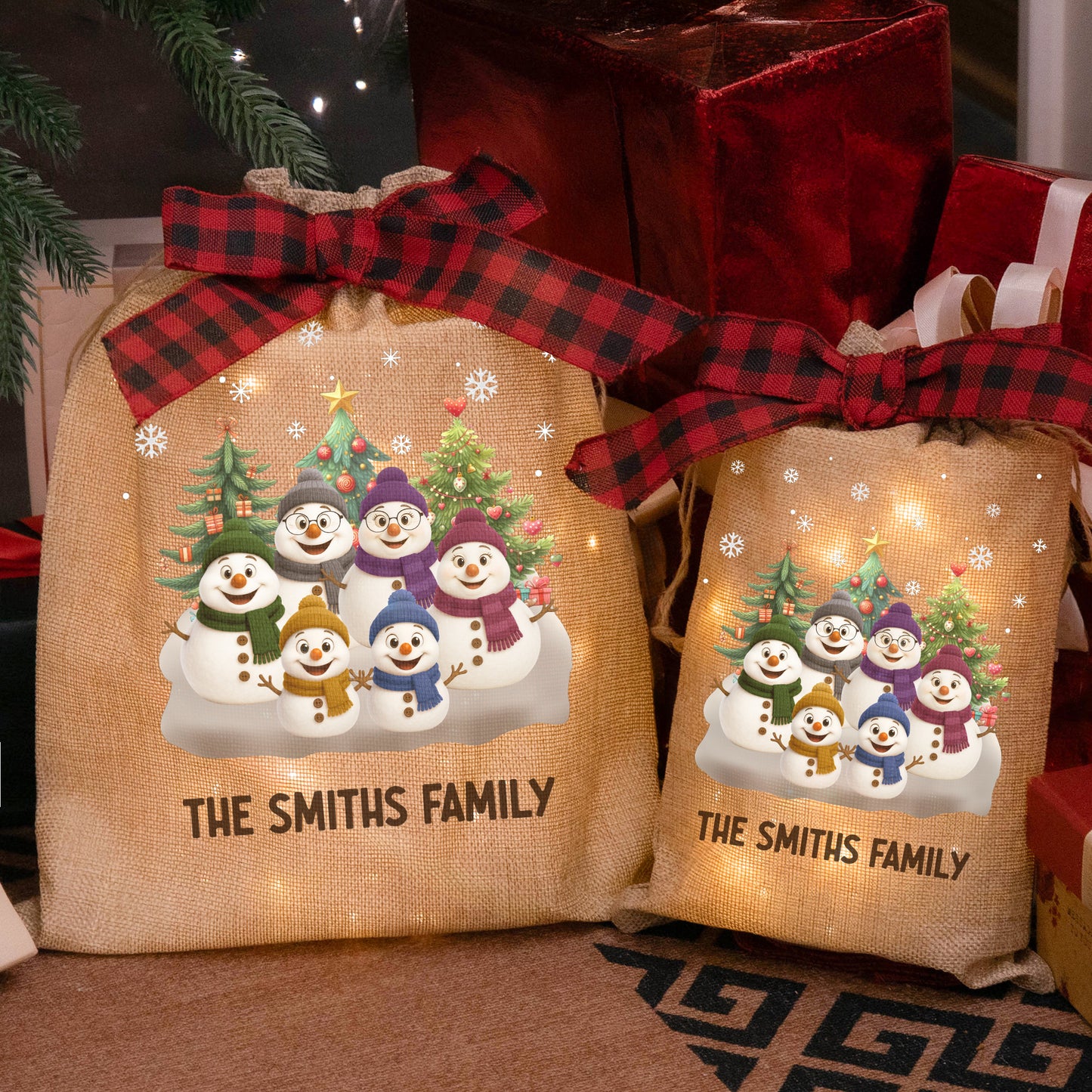 Snowman Family Christmas Love - Personalized Lighted Burlap Sack