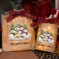 Snowman Family Christmas Love - Personalized Lighted Burlap Sack