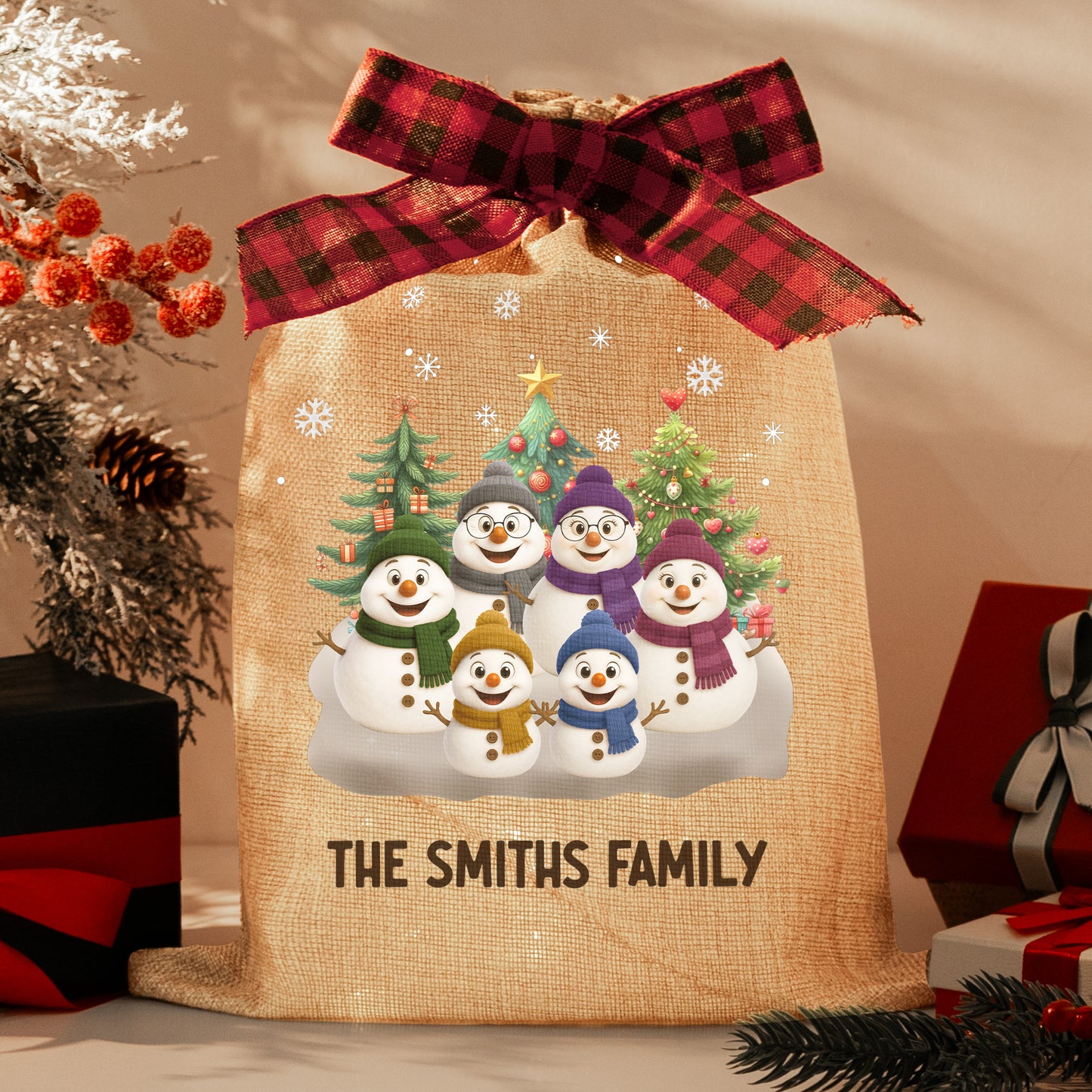Snowman Family Christmas Love - Personalized Lighted Burlap Sack