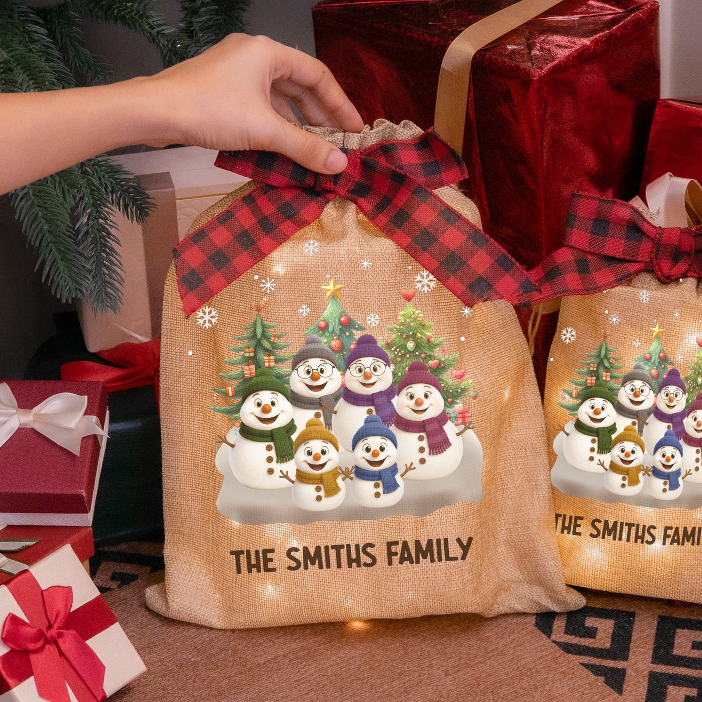Snowman Family Christmas Love - Personalized Lighted Burlap Sack