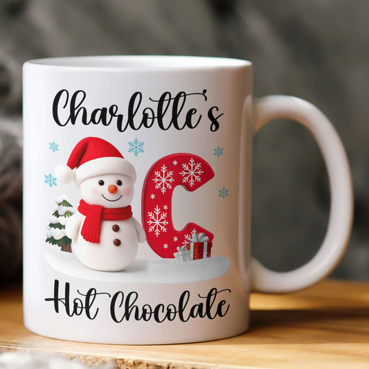 Snowman Initial Christmas Hot Chocolate - Personalized Mug