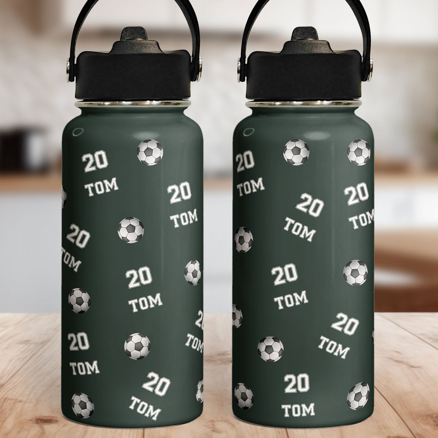 Soccer Custom Name, Number - Personalized Stainless Steel Water Bottle