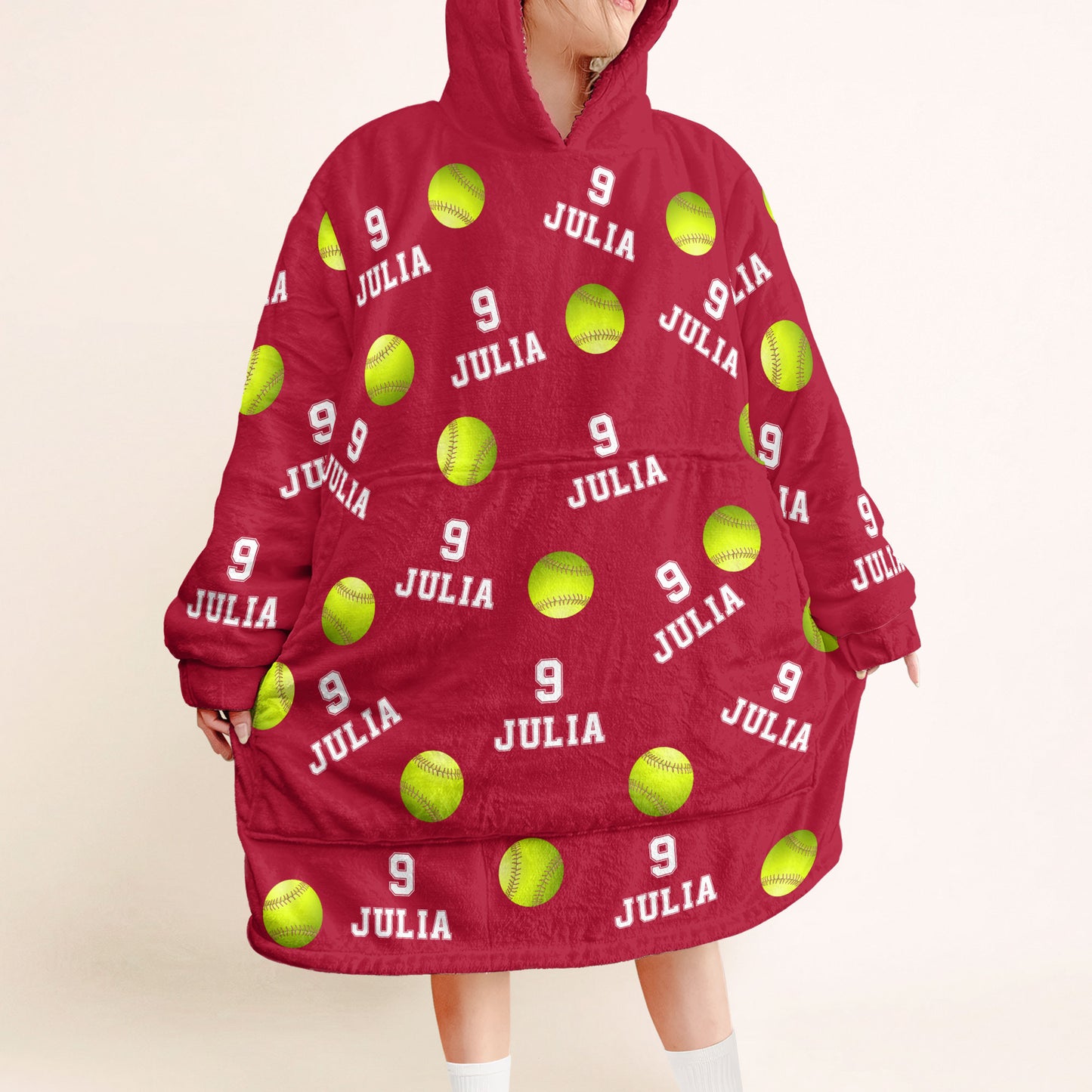 Softball Custom Name, Number - Personalized Oversized Blanket Hoodie