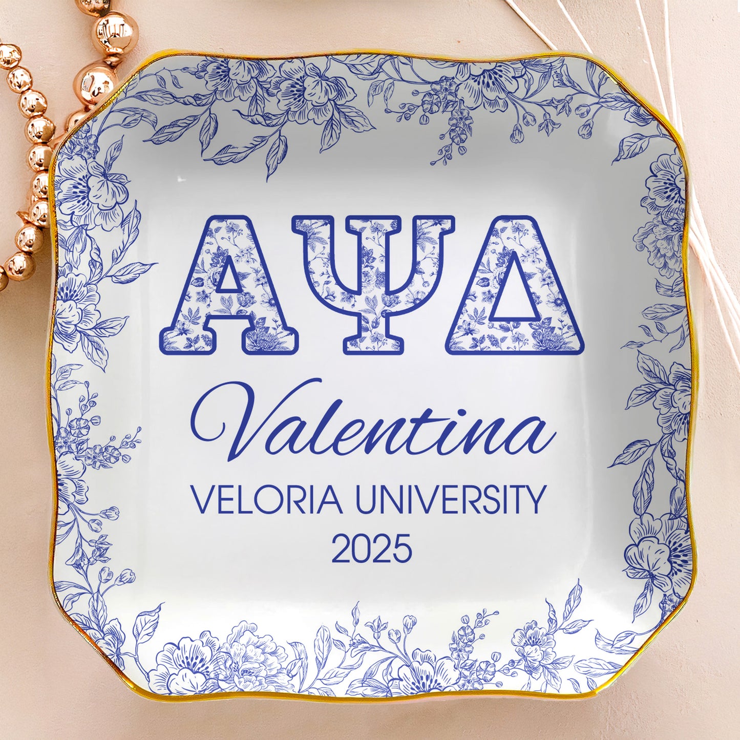 Sorority Girl Gift Custom Name Toile De Jouy - Personalized Jewelry Dish