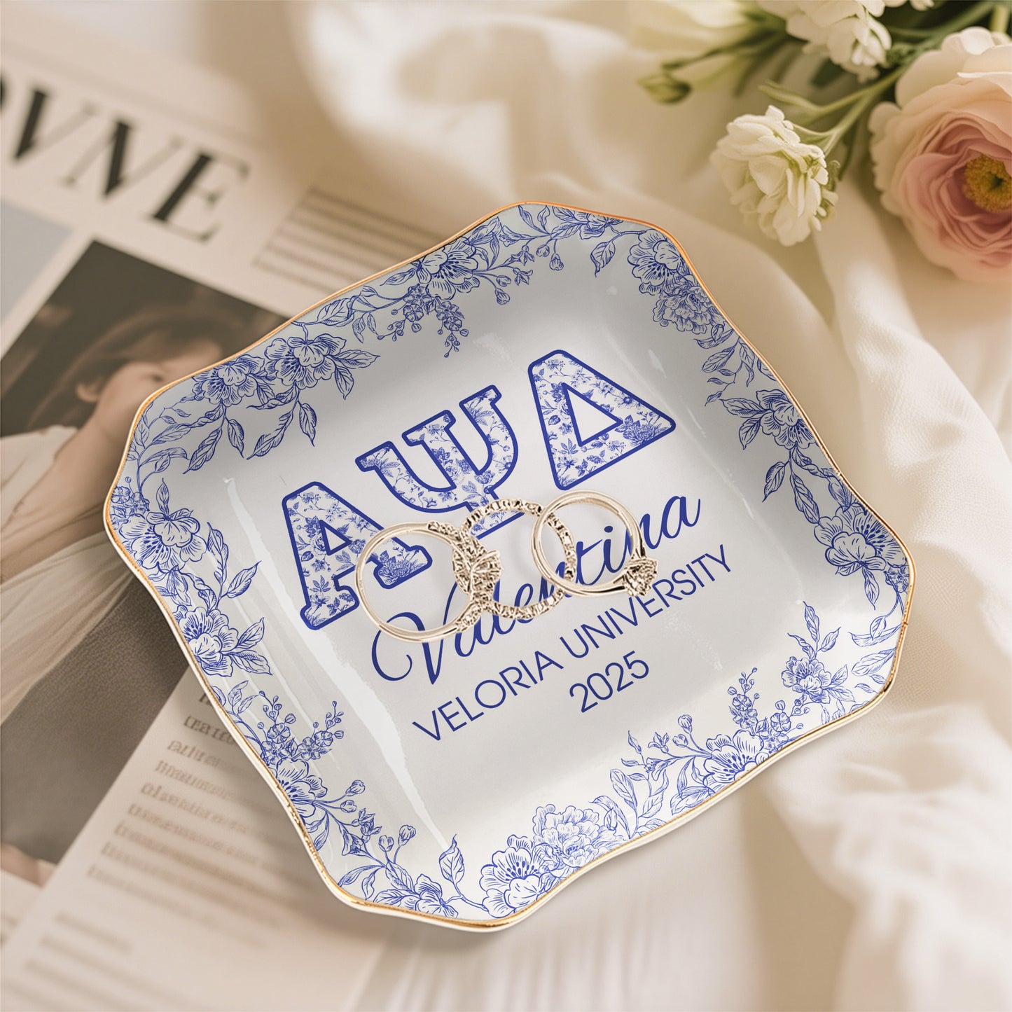 Sorority Girl Gift Custom Name Toile De Jouy - Personalized Jewelry Dish