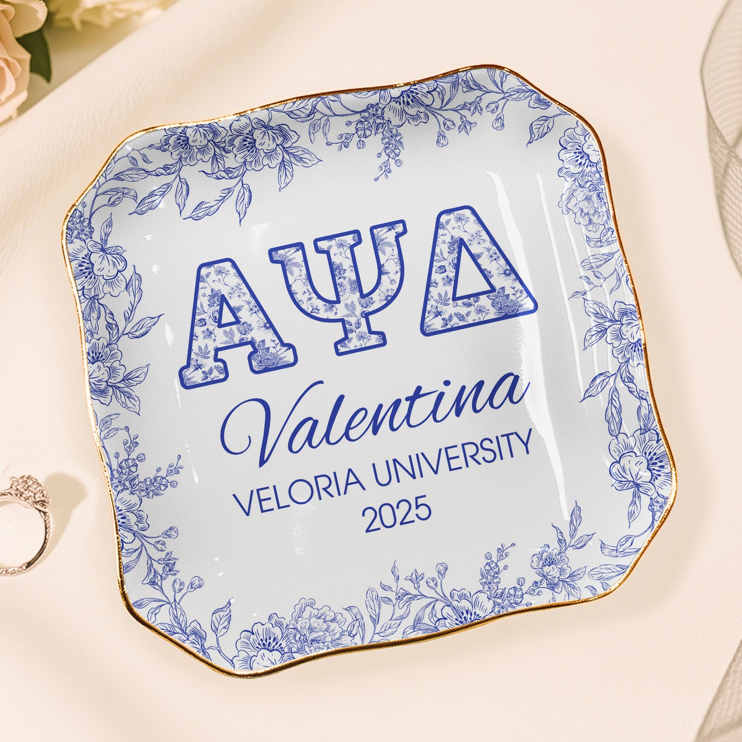 Sorority Girl Gift Custom Name Toile De Jouy - Personalized Jewelry Dish