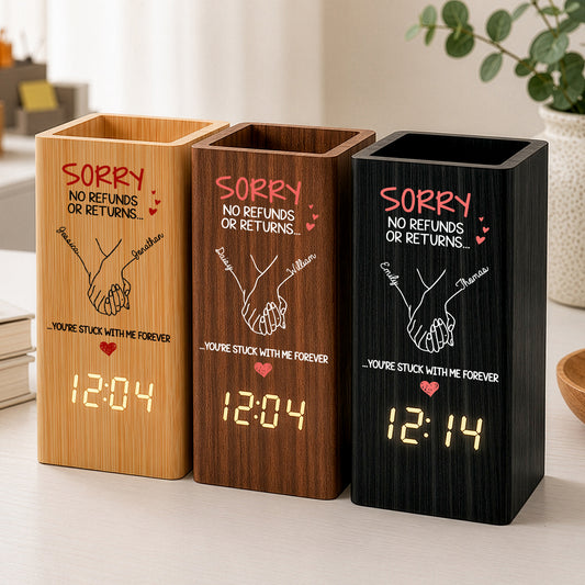 Sorry-No-Refunds-Or-Returns-Custom-Couple-Names-Anniversary-Gift-For-Him-Her-Personalized-Pen-Holder-With-Clock-1