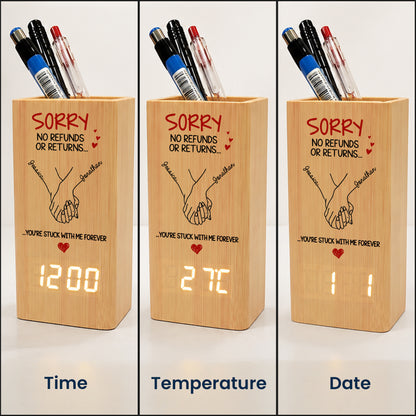 Sorry-No-Refunds-Or-Returns-Custom-Couple-Names-Anniversary-Gift-For-Him-Her-Personalized-Pen-Holder-With-Clock-4