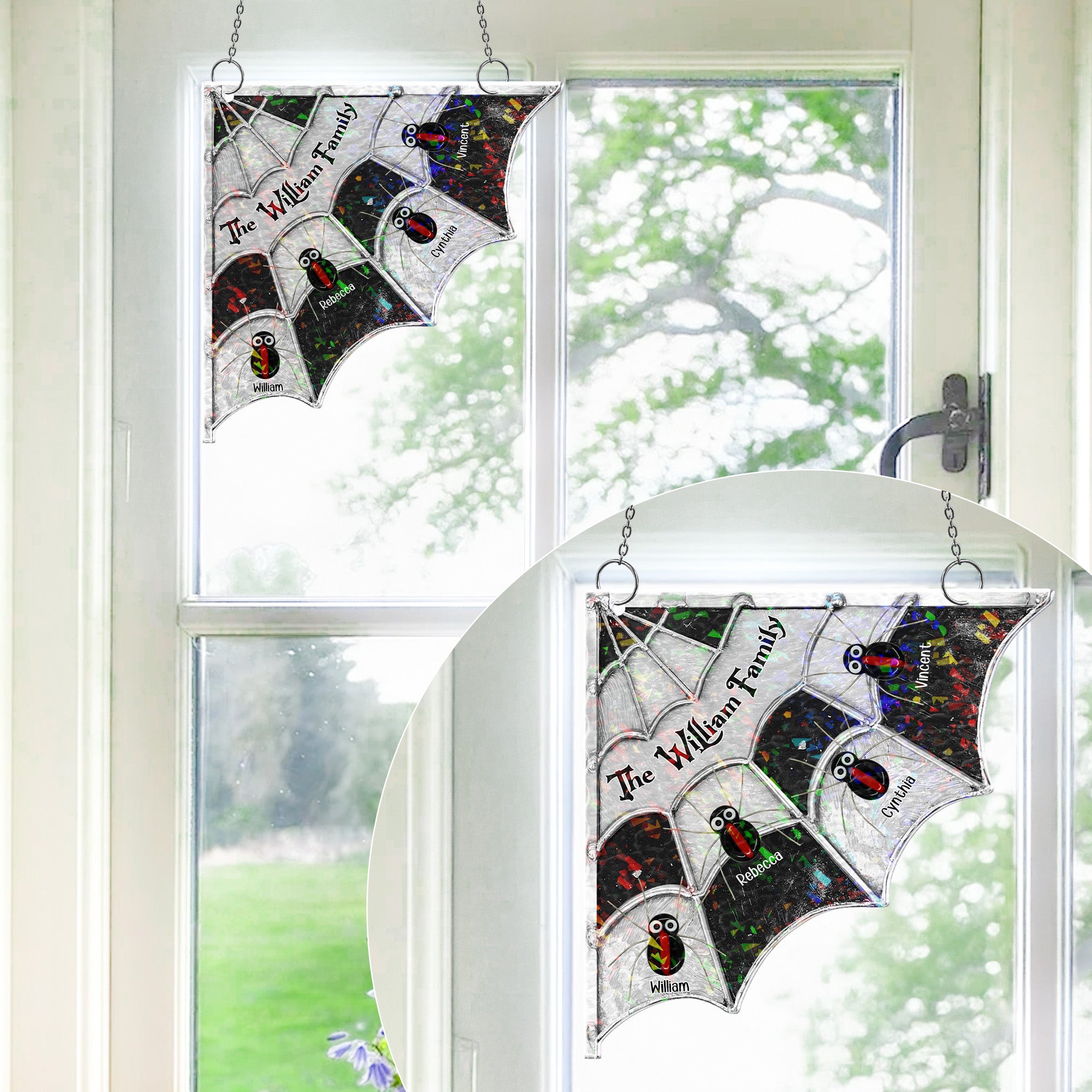 Spider Family Stained Glass - Personalized Window Corner Suncatcher