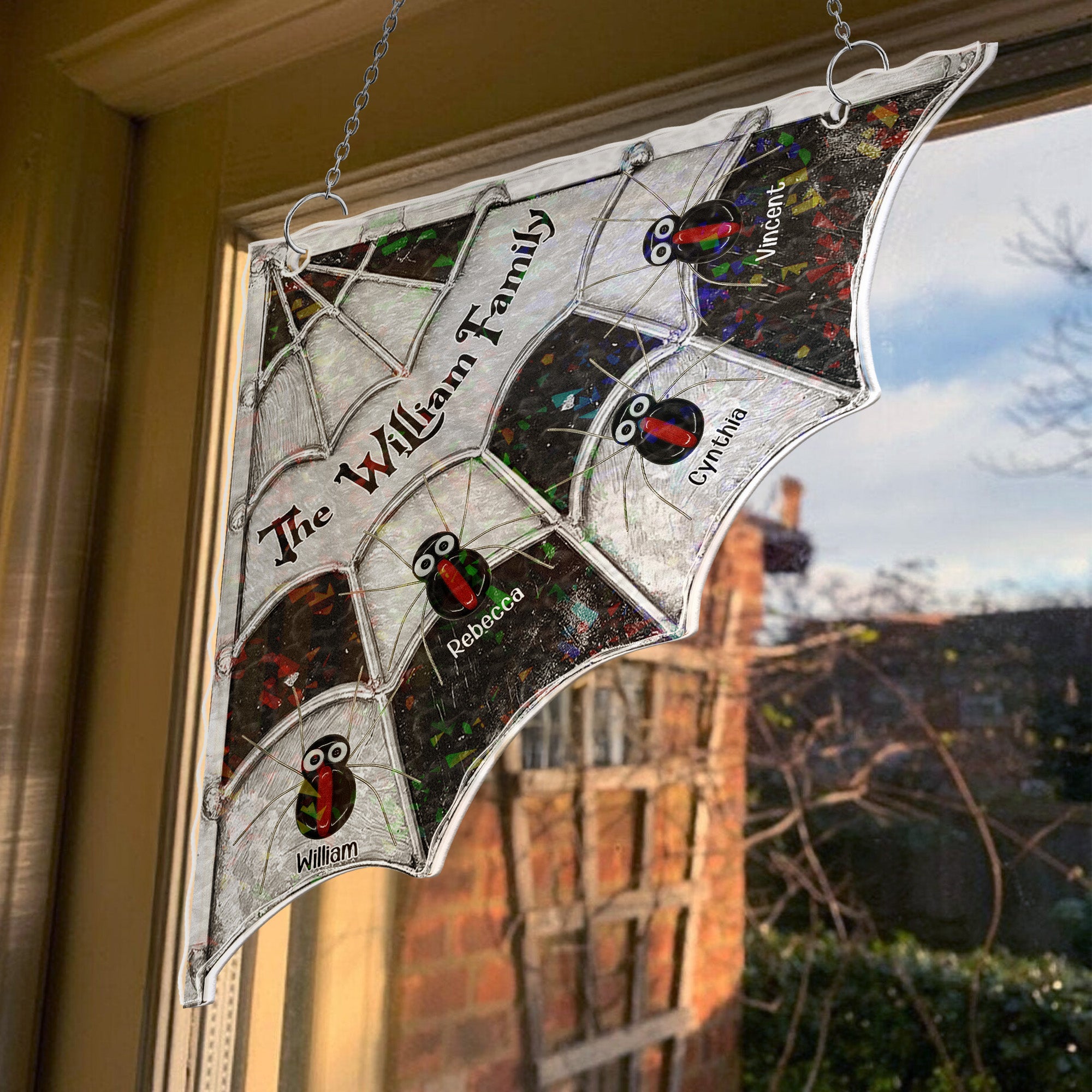 Spider Family Stained Glass - Personalized Window Corner Suncatcher