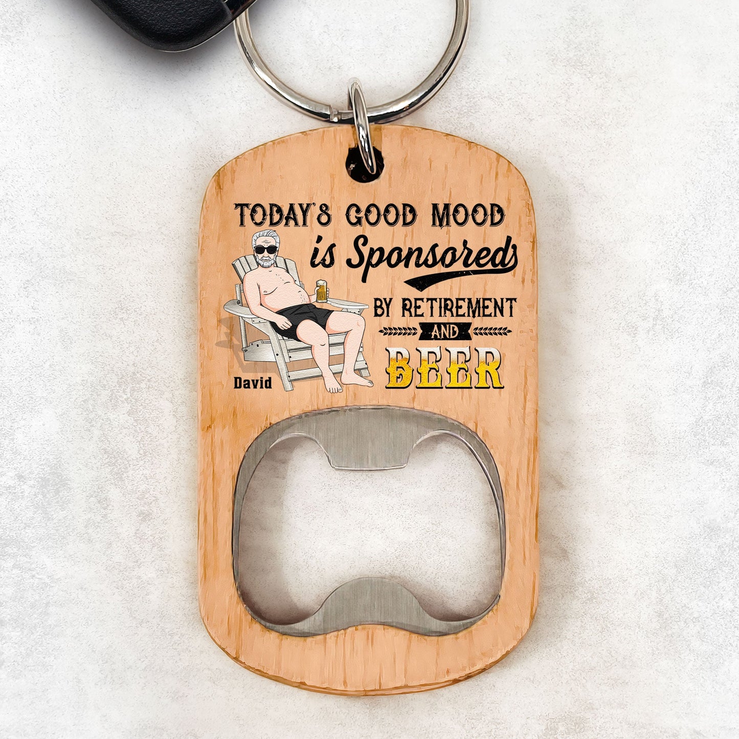 Sponsored By Retirement And Beer - Personalized Bottle Opener Keychain