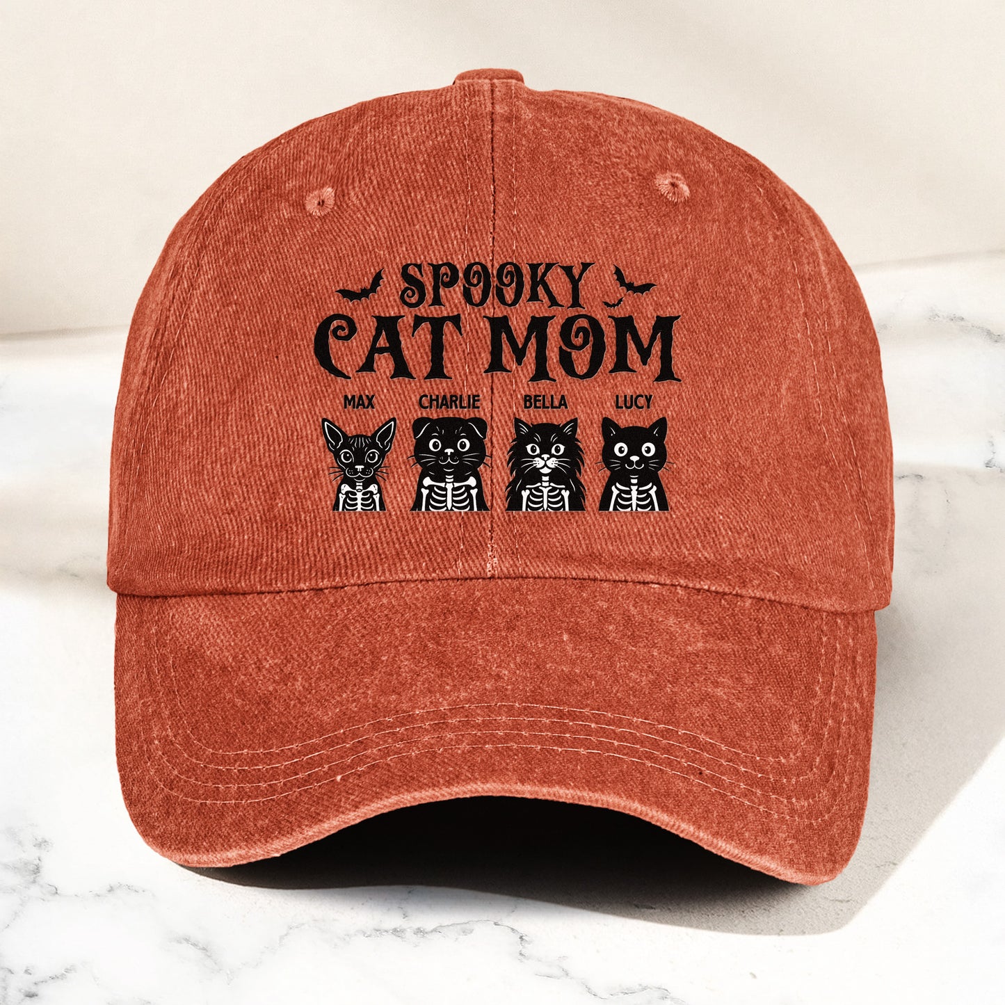 Spooky Cat Mom Halloween Skeleton Cat - Personalized Distressed Denim Cap