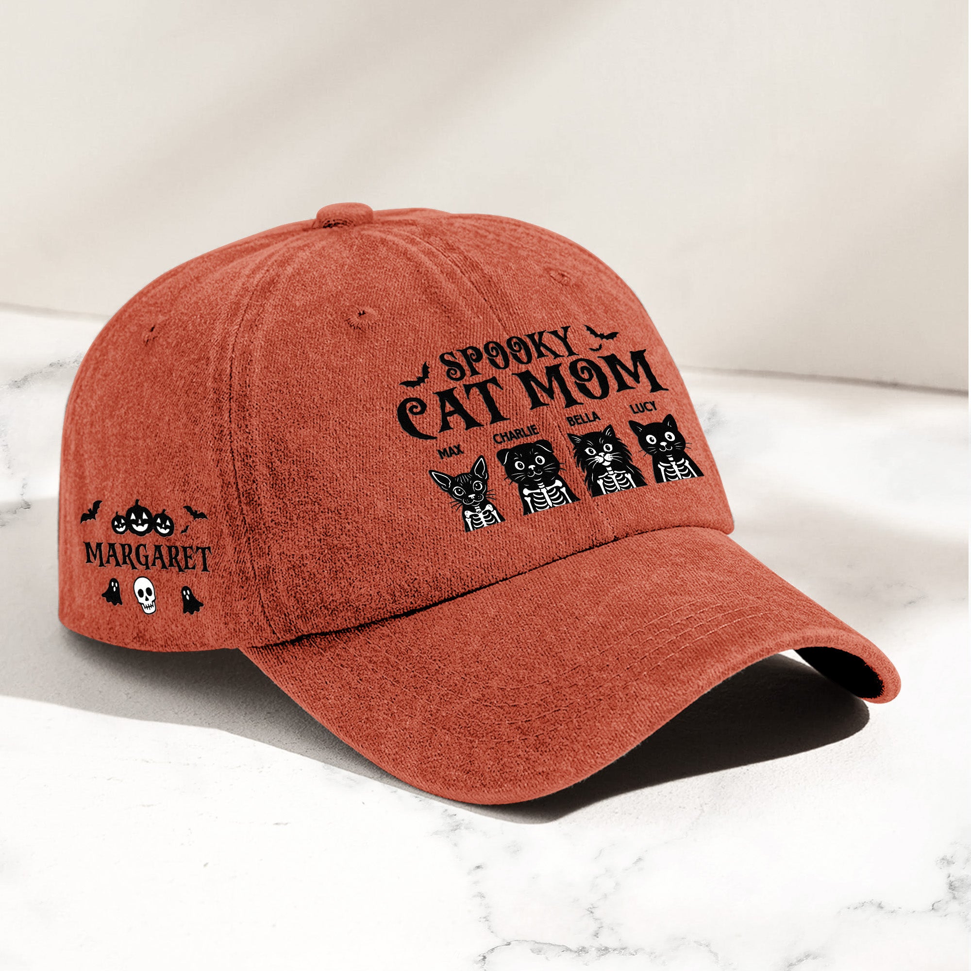Spooky Cat Mom Halloween Skeleton Cat - Personalized Distressed Denim Cap