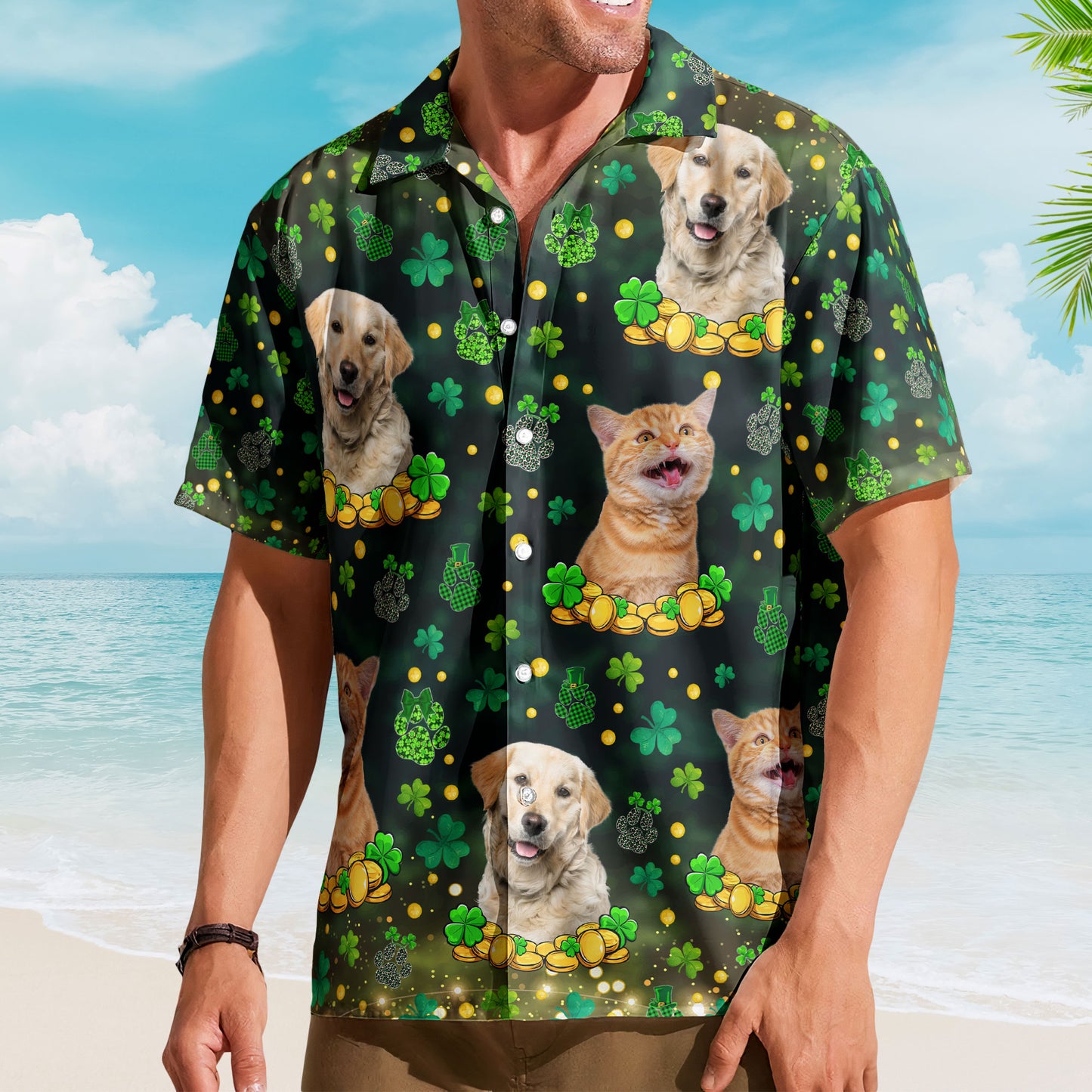 St.Patrick's Day Shamrock Paws Custom Funny Pet Face - Custom Photo Hawaiian Shirts