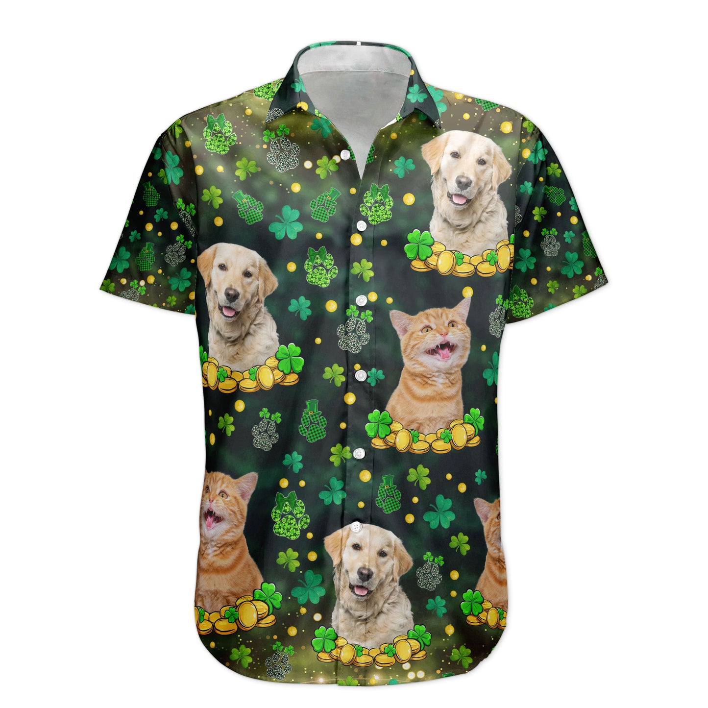 St.Patrick's Day Shamrock Paws Custom Funny Pet Face - Custom Photo Hawaiian Shirts