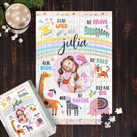 Stay Wild Affirmations For Kids With Safari Animals - Personalized Photo Jigsaw Puzzle