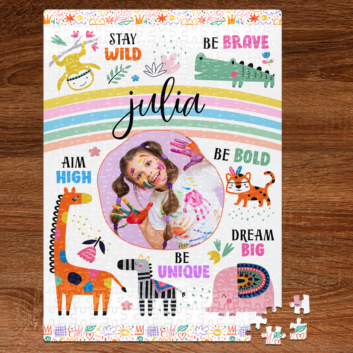 Stay Wild Affirmations For Kids With Safari Animals - Personalized Photo Jigsaw Puzzle