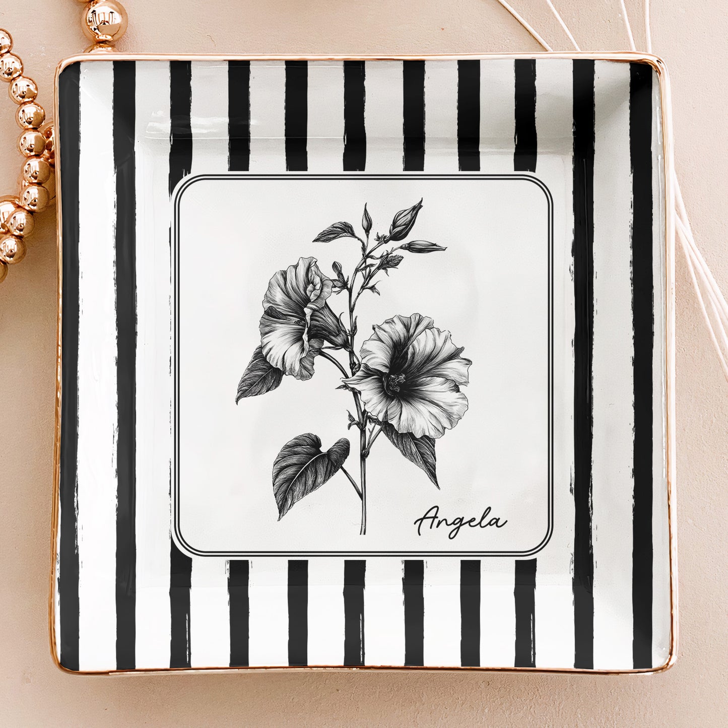 Stripes Birth Flower Custom Name Gift For Her - Personalized Jewelry Dish