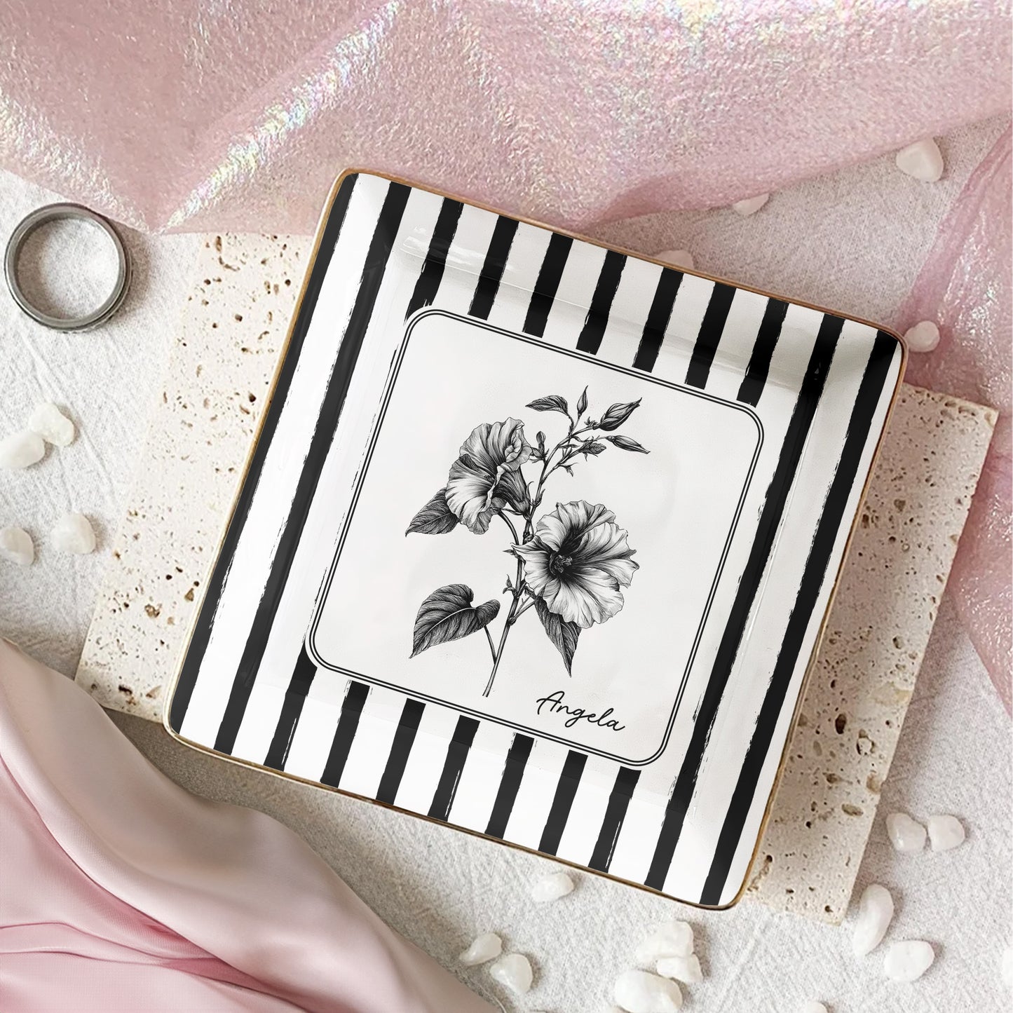 Stripes Birth Flower Custom Name Gift For Her - Personalized Jewelry Dish