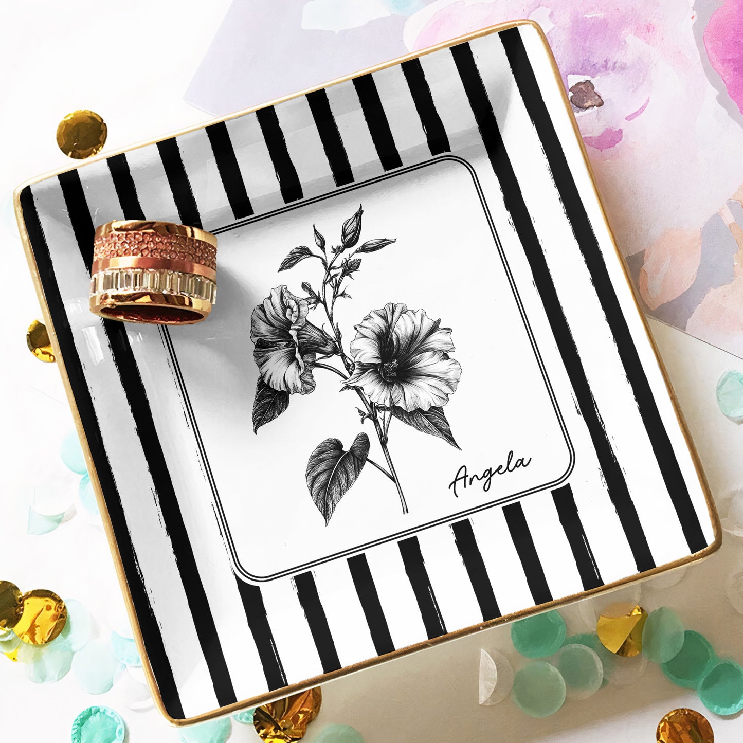Stripes Birth Flower Custom Name Gift For Her - Personalized Jewelry Dish