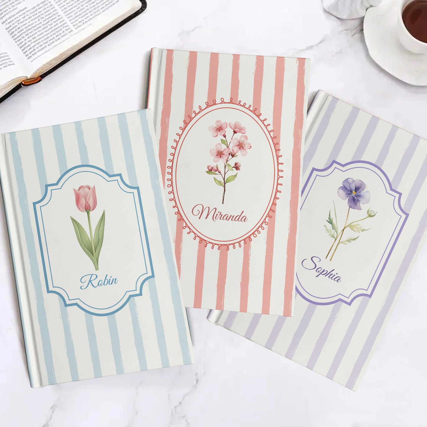 Stripes Girly Floral Journal Custom Birth Flower - Personalized Hardcover Journal