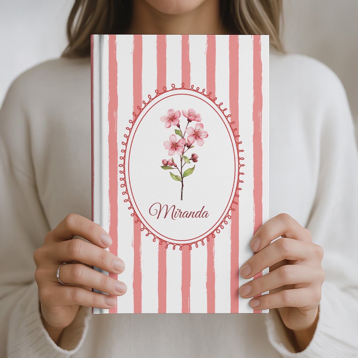 Stripes Girly Floral Journal Custom Birth Flower - Personalized Hardcover Journal