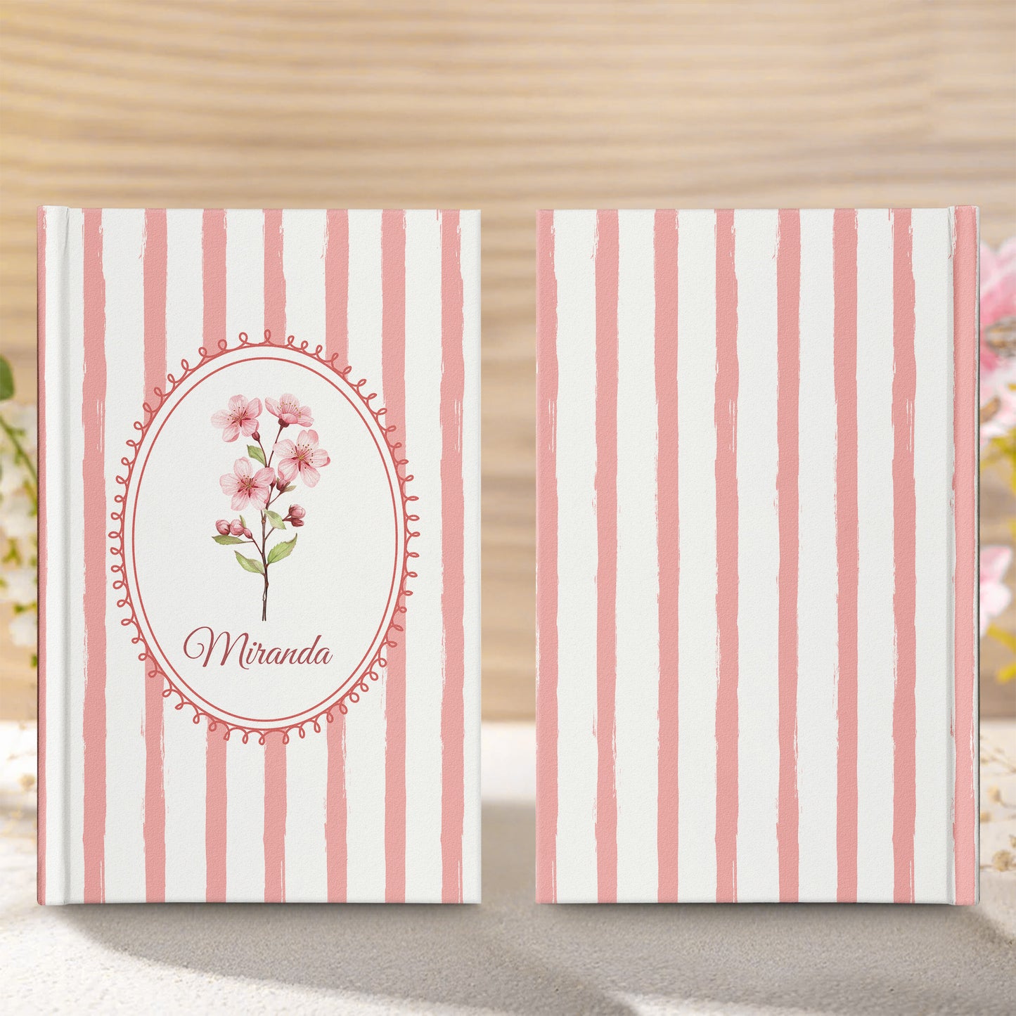 Stripes Girly Floral Journal Custom Birth Flower - Personalized Hardcover Journal
