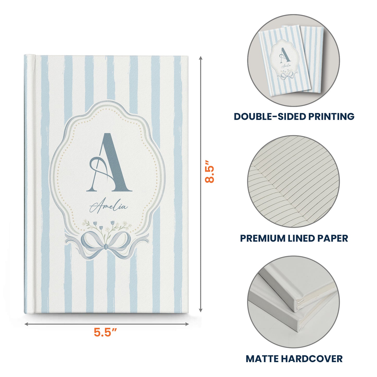 Stripes Monogram Custom Name Journal - Personalized Hardcover Journal