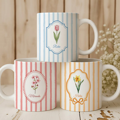 Stripes Mug Birth Month Flower Mug Gift For Her - Personalized Mug